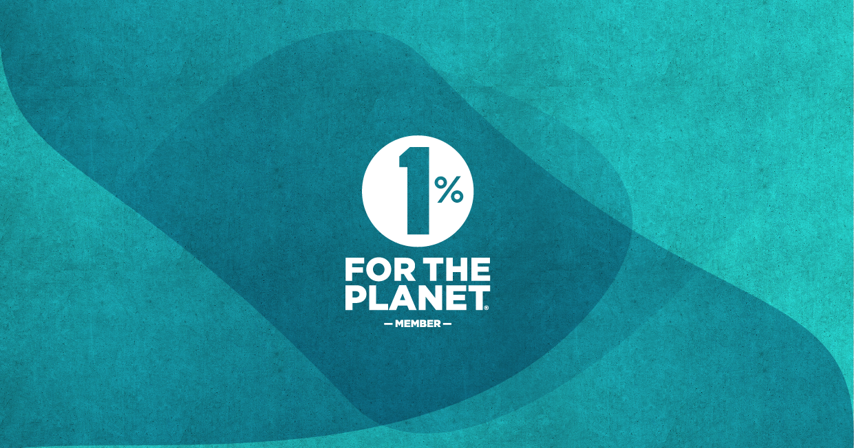 A graphic with a blue textured background showing the text '1% FOR THE PLANET MEMBER' in white, centered within a white circle, and overlapping abstract blue shapes.