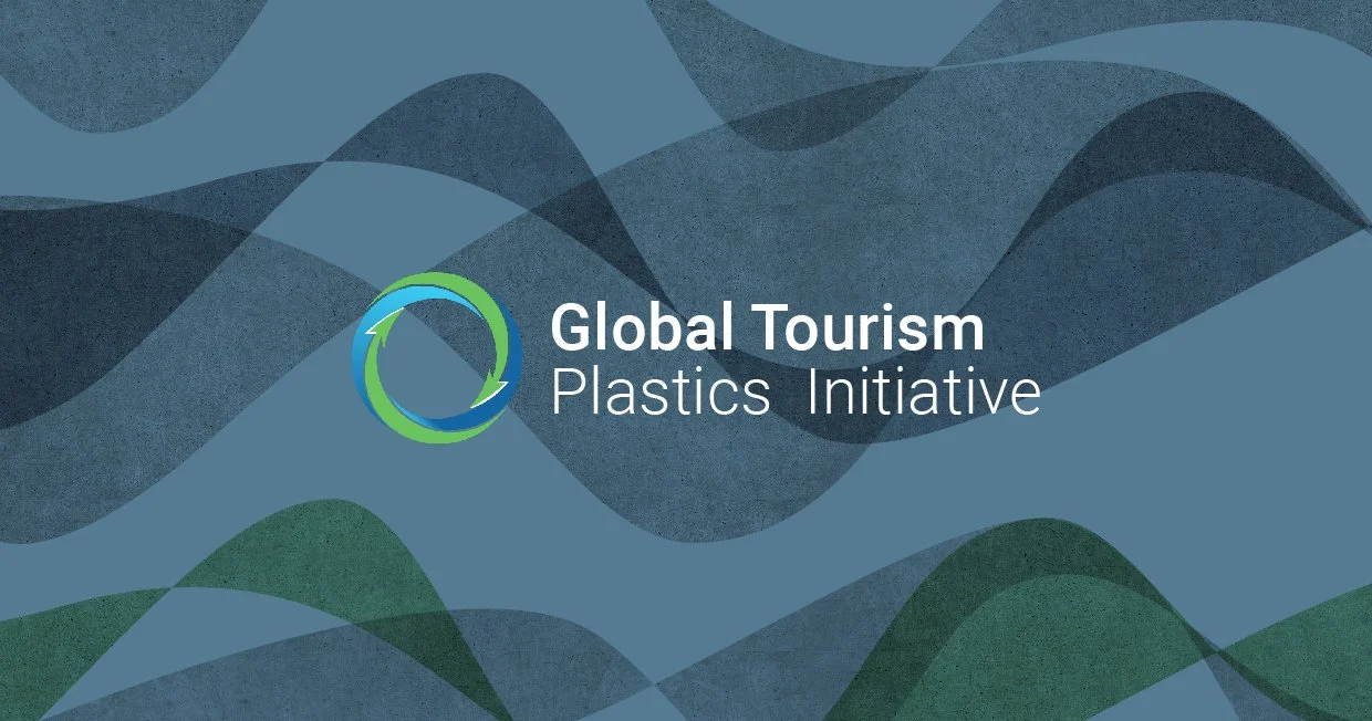 Abstract background with wavy blue, green, and gray shapes, logo at center, and text 'A JOURNEY OF IMPACT'. 