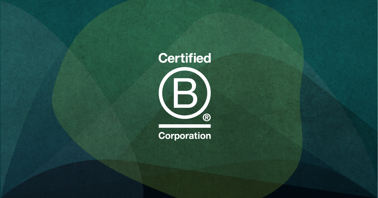Green background with the Certified B Corporation logo in the center, featuring a white 'B' inside a circle and the words 'Certified' above and 'Corporation' below.