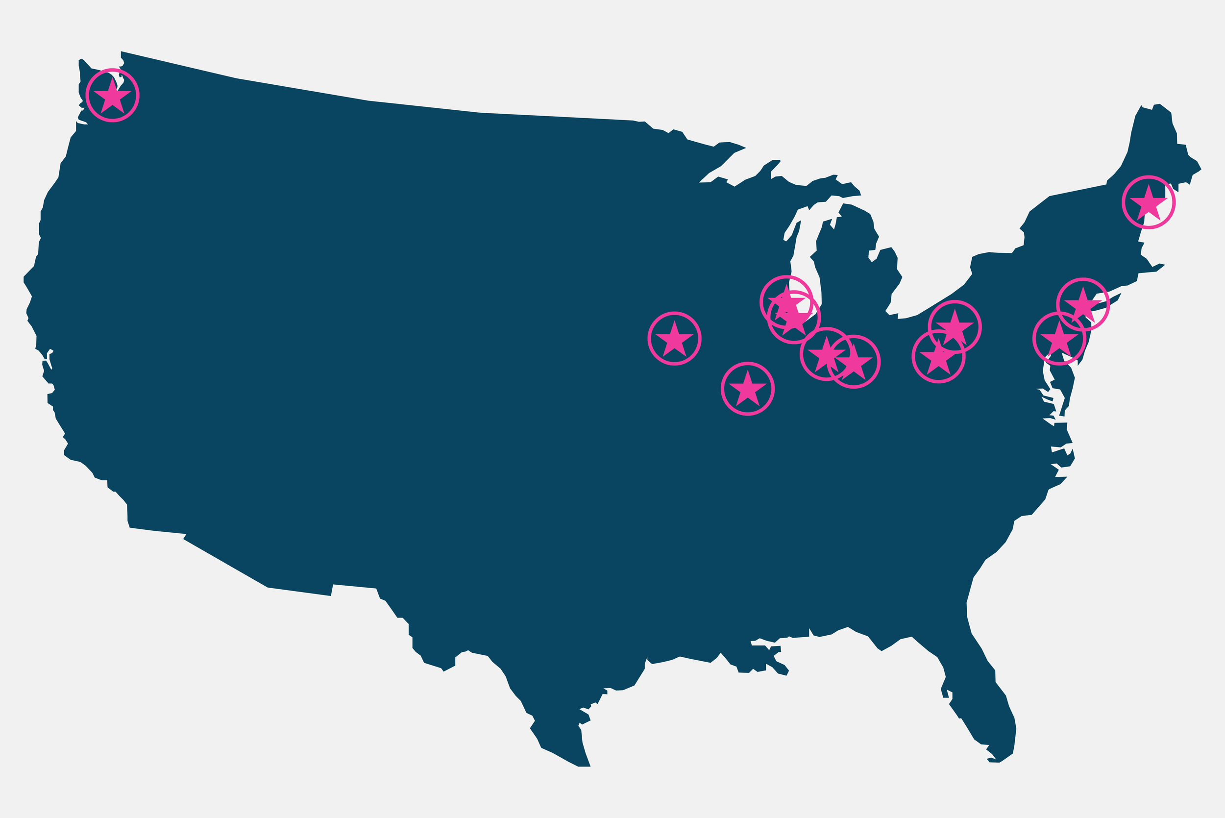 Map of the United States with regional advocacy locations starred