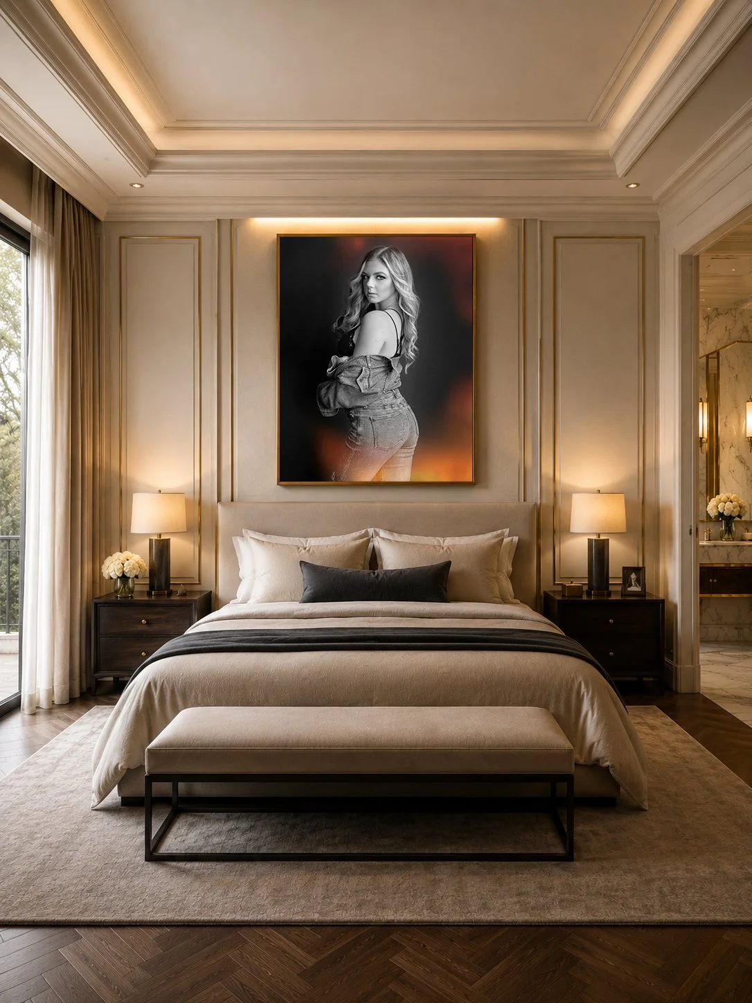Bedroom with a framed canvas of an editorial fashion portrait above the bed Behind the scenes of Jon Thrasher photographing a model at New York Fashion Week - Jon Thrasher, Charlotte, NC