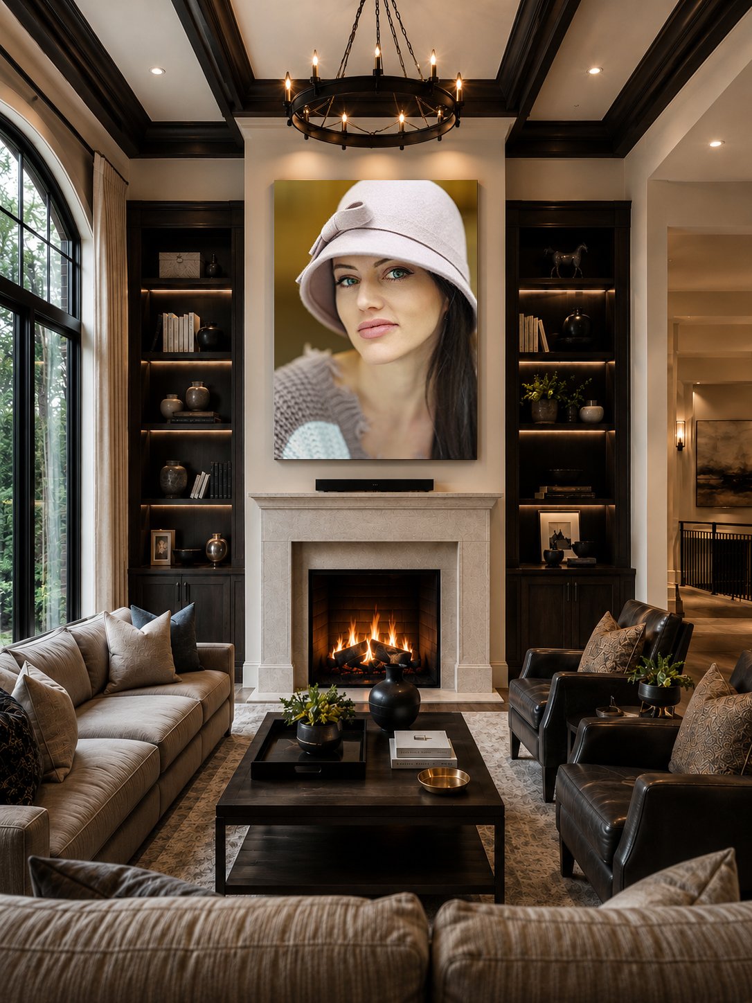 Family room with a portrait of a woman above the fireplace Behind the scenes of Jon Thrasher photographing a model at New York Fashion Week - Jon Thrasher, Charlotte, NC