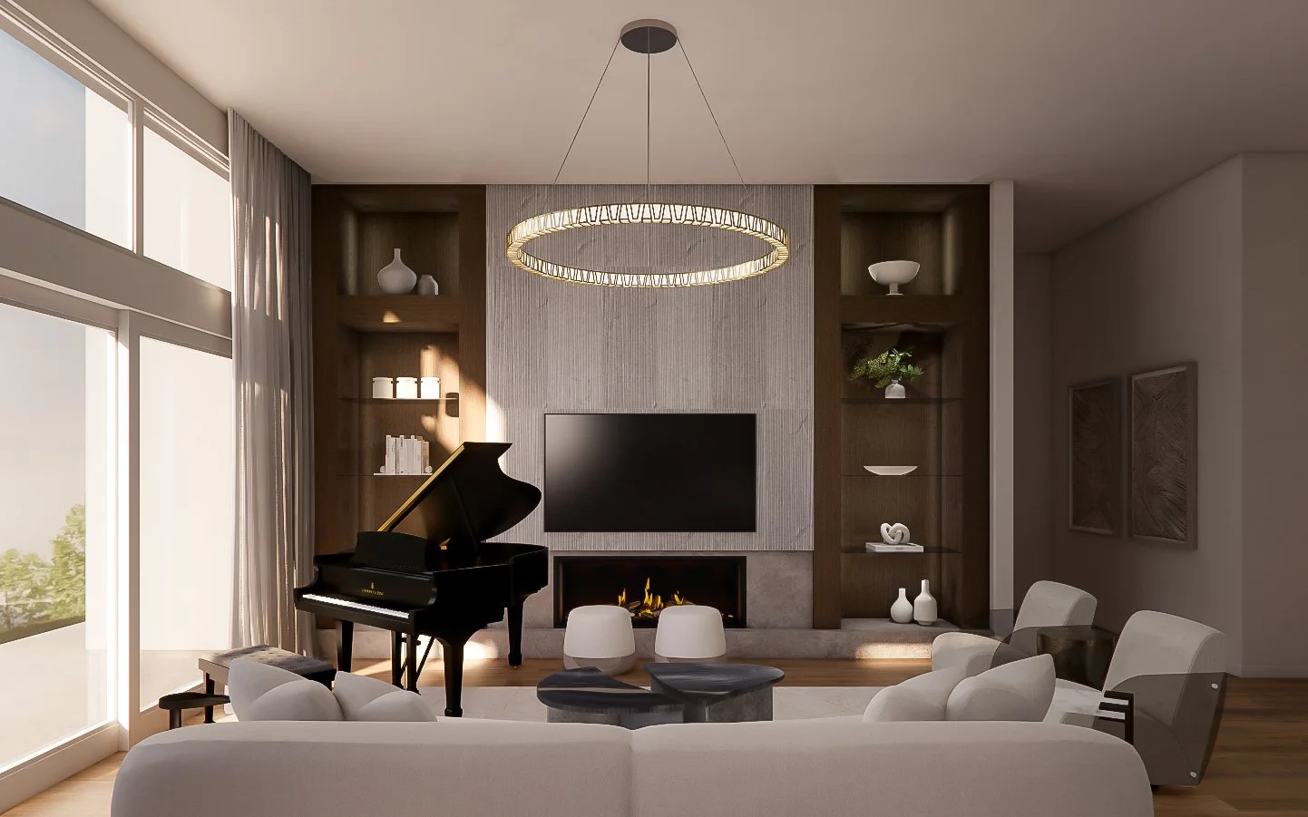 Photorealistic render showcasing a luxurious living room with a grand piano and dramatic lighting