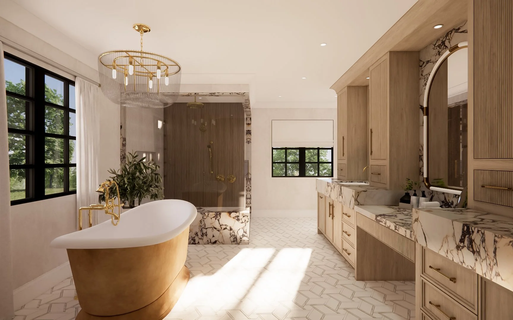 Photorealistic render of a high end bathroom featuring metal, stone, and glass finishes