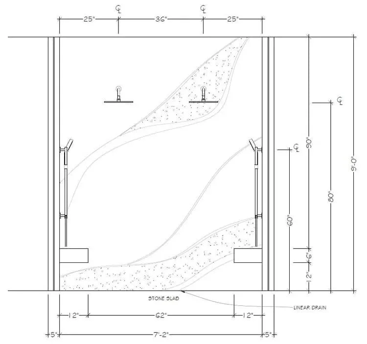 Architectural plan of a shower with two benches, two showerheads, a linear drain, and a stone slab base.