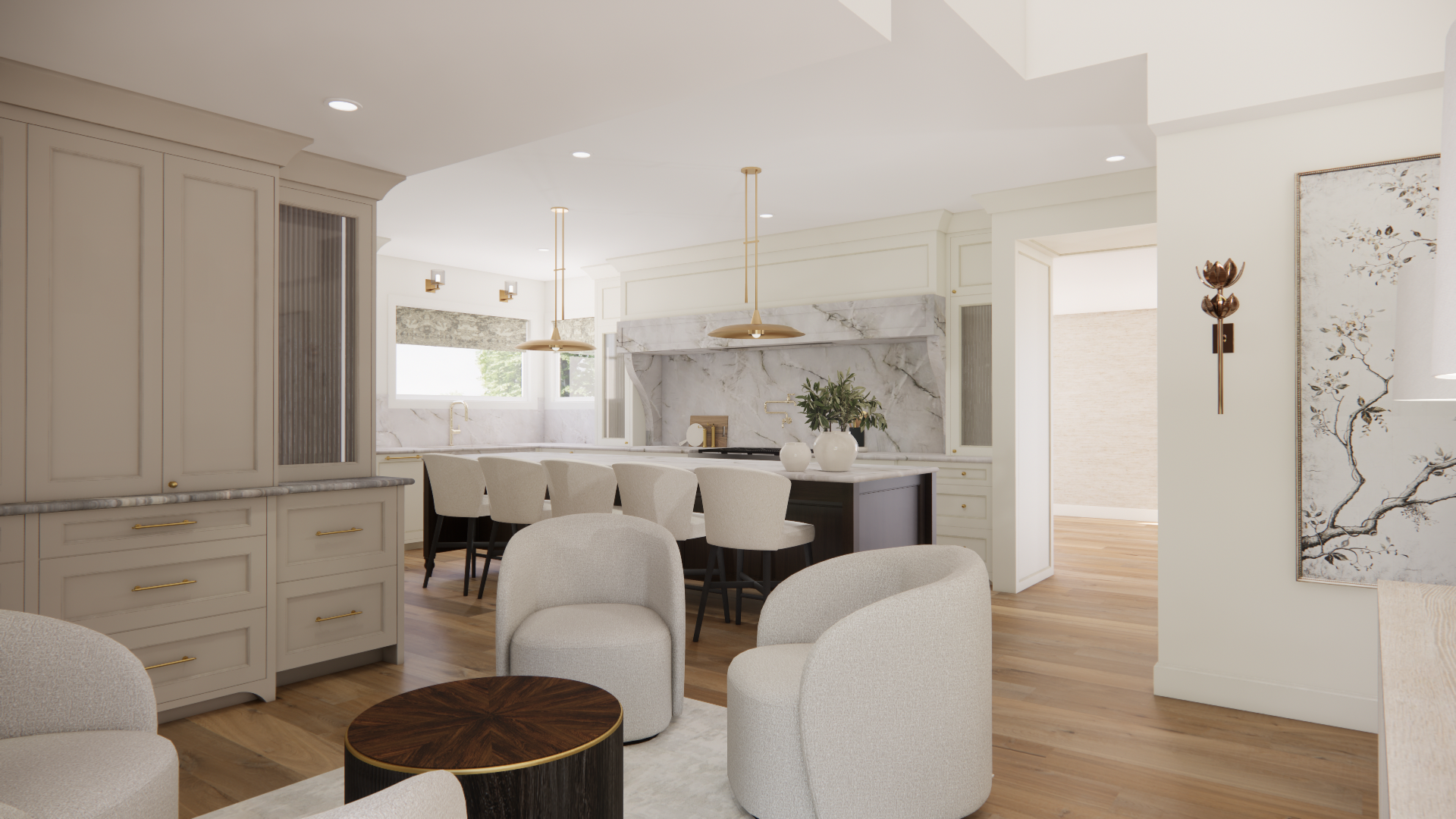 Photorealistic rendering of a kitchen and breakfast bar featuring cozy seating and creamy cabinetry