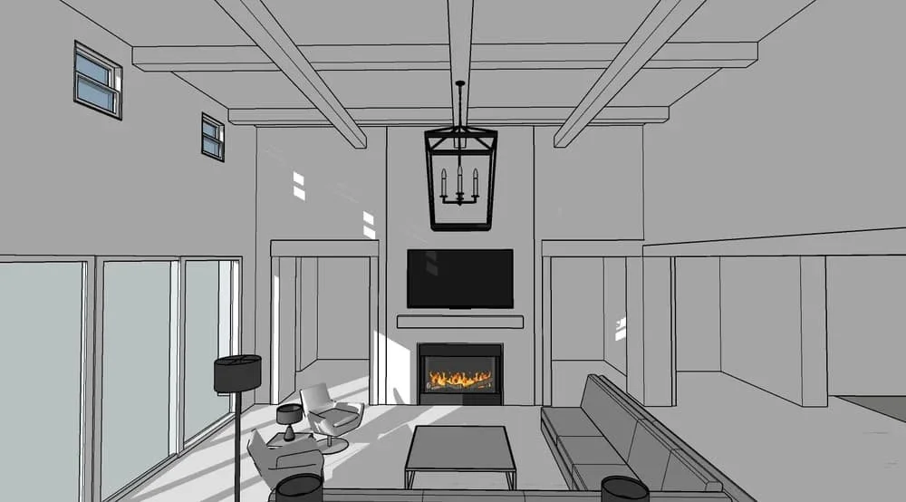 A digital sketch of a modern living room with high ceilings, a fireplace, a TV above the fireplace, a large window, a sliding glass door, a sofa, an armchair, a floor lamp, and a chandelier.