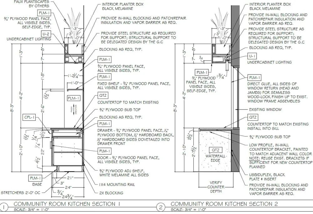 Detailed architectural plans for community room kitchen sections, including measurements, materials, and construction notes for cabinetry, counter tops, windows, lighting, and structural support.