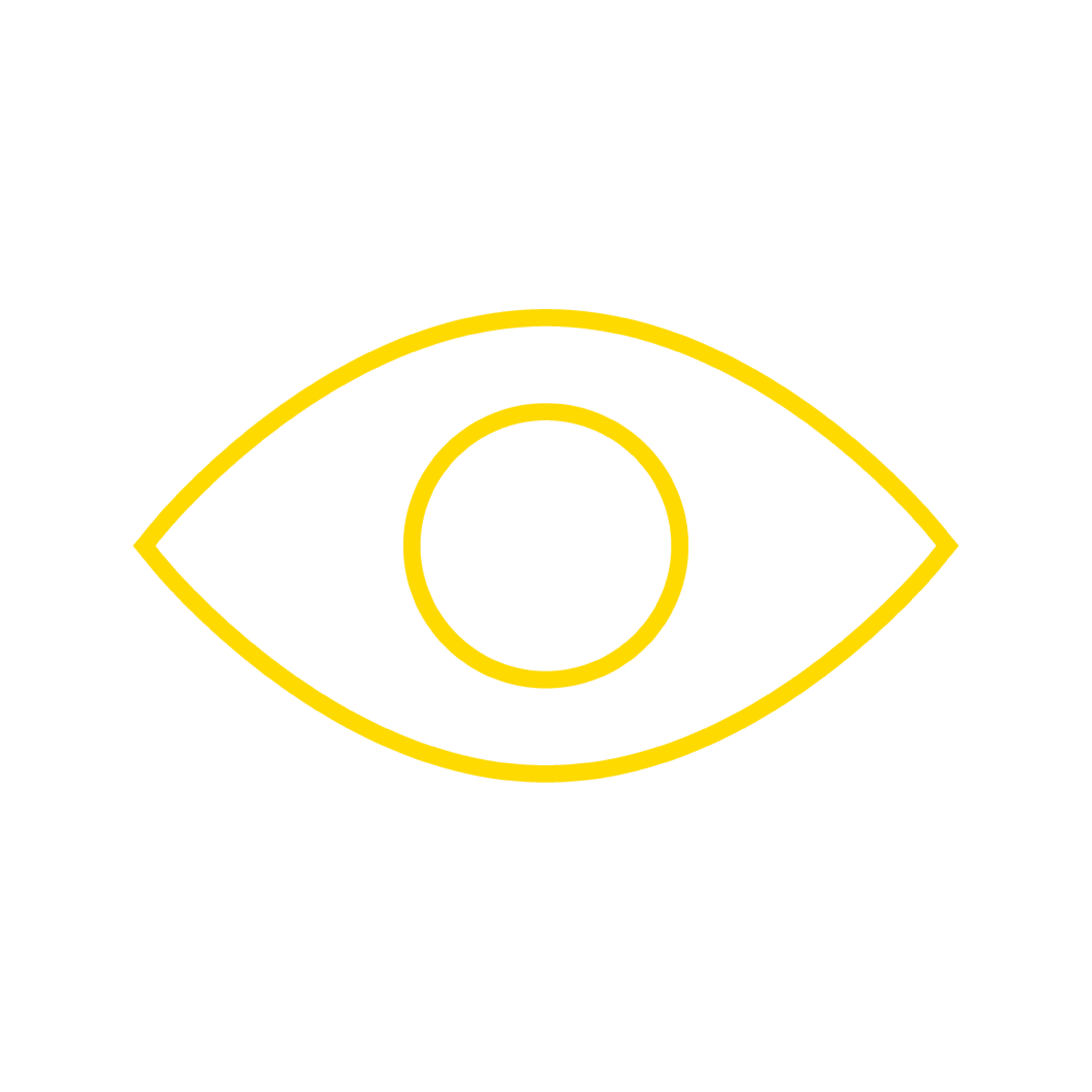 Yellow outline of an eye with a circle in the center on a black background.