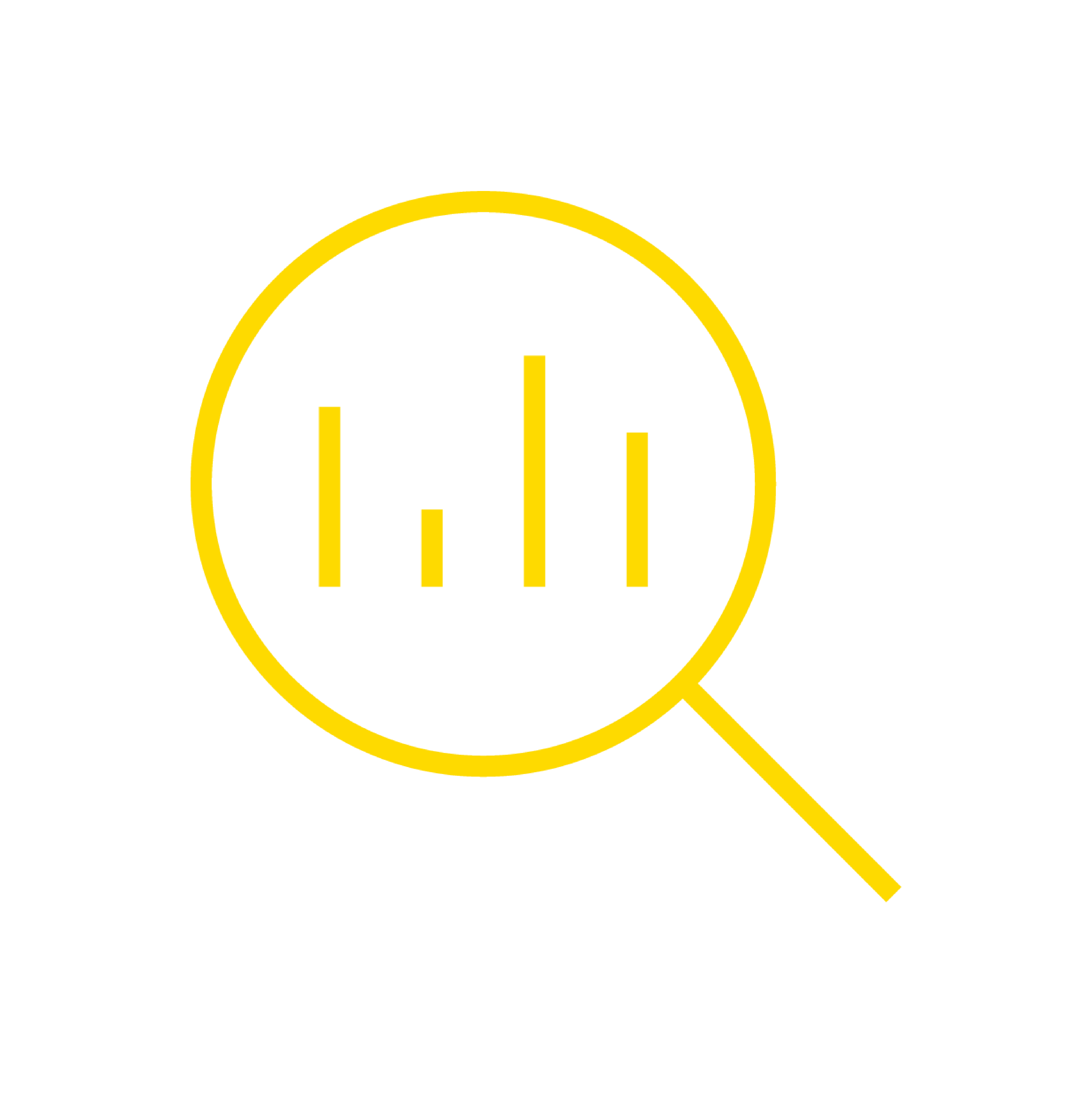 Yellow magnifying glass icon with bar chart on black background, symbolizing data analysis.