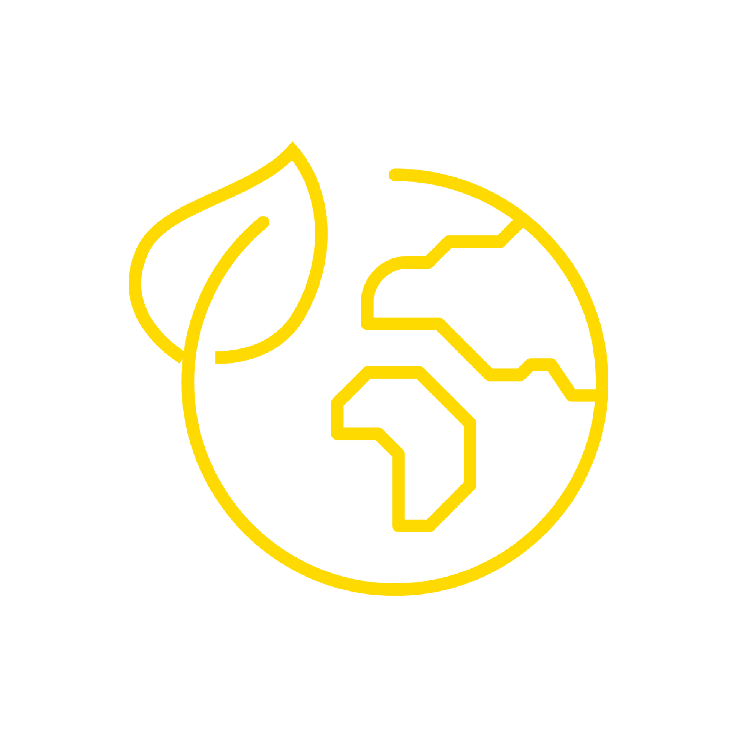 Yellow line art of Earth with a leaf on a black background, symbolizing eco-friendly or environmental awareness.