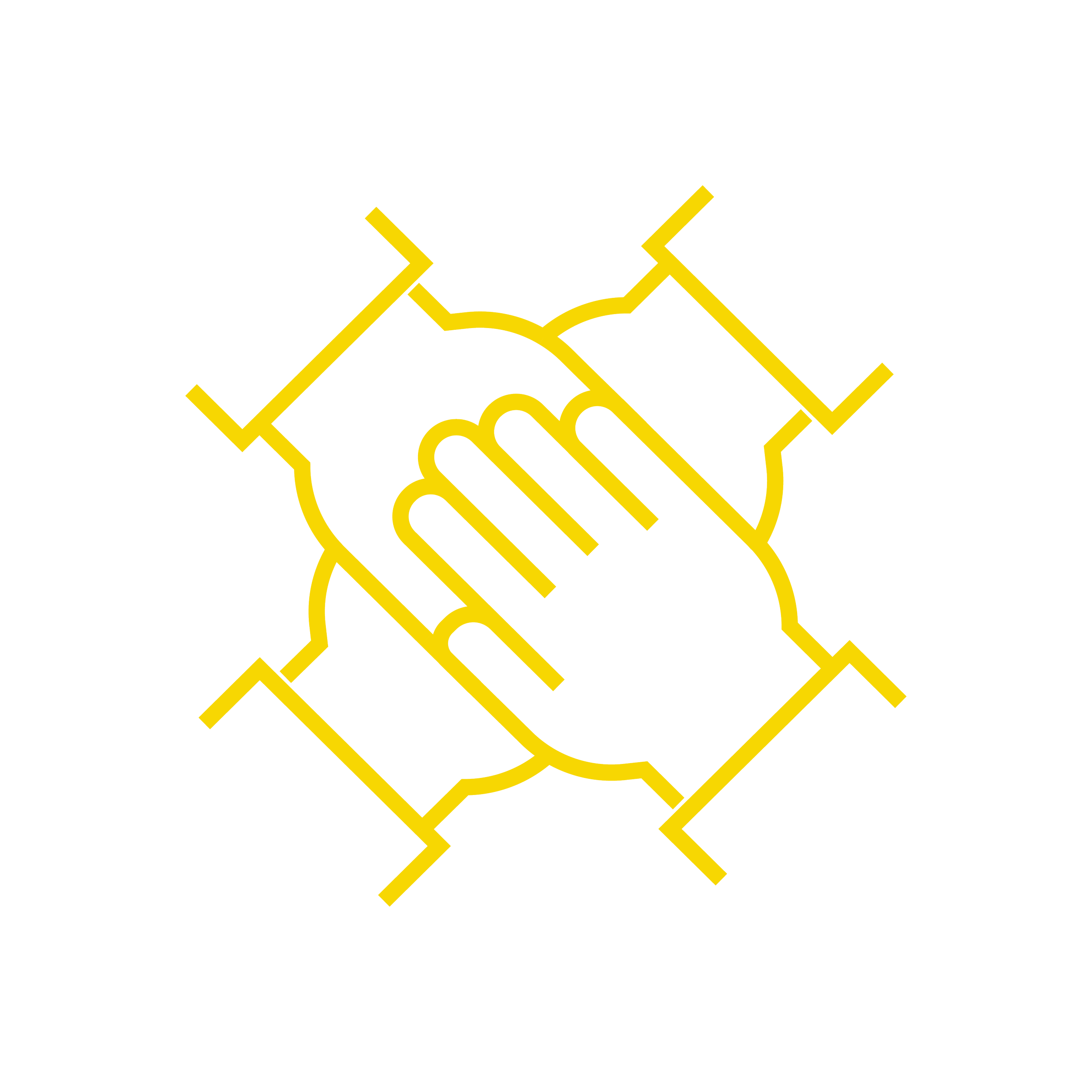 Yellow outline of four hands joined together on a black background symbolizing teamwork and unity.