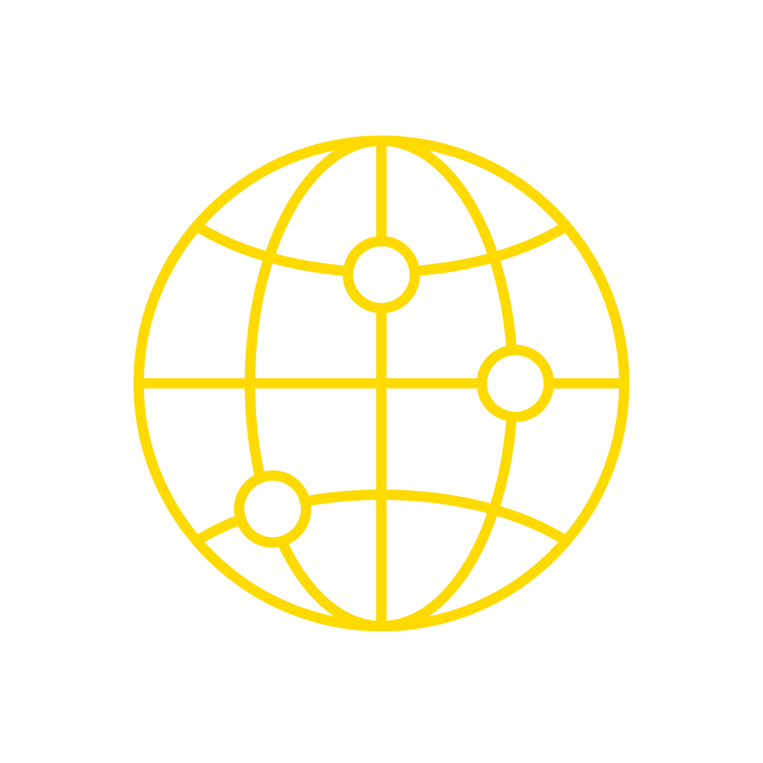 Yellow globe icon with connecting lines on black background.