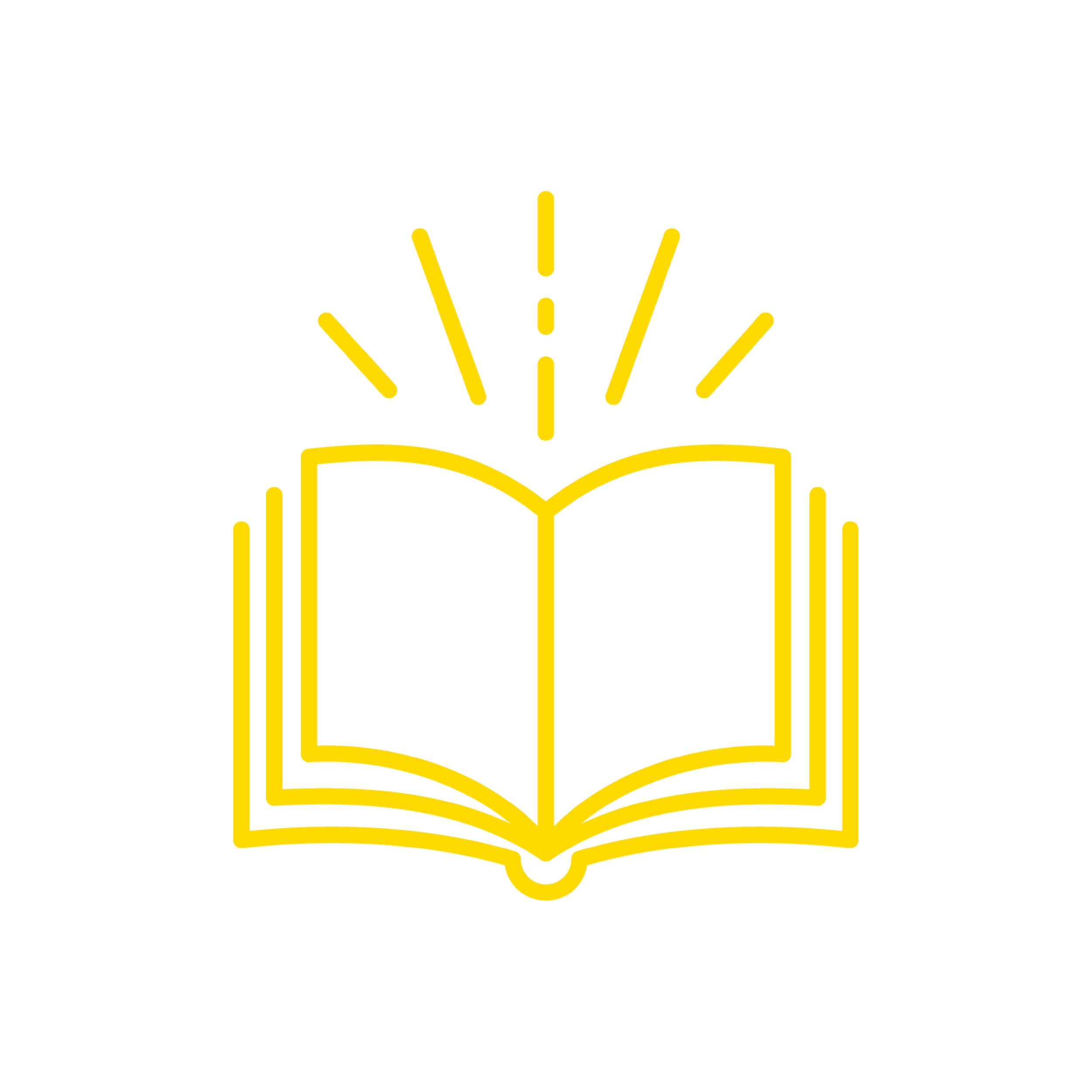 Yellow outline of an open book with rays, symbolizing knowledge, on a black background.