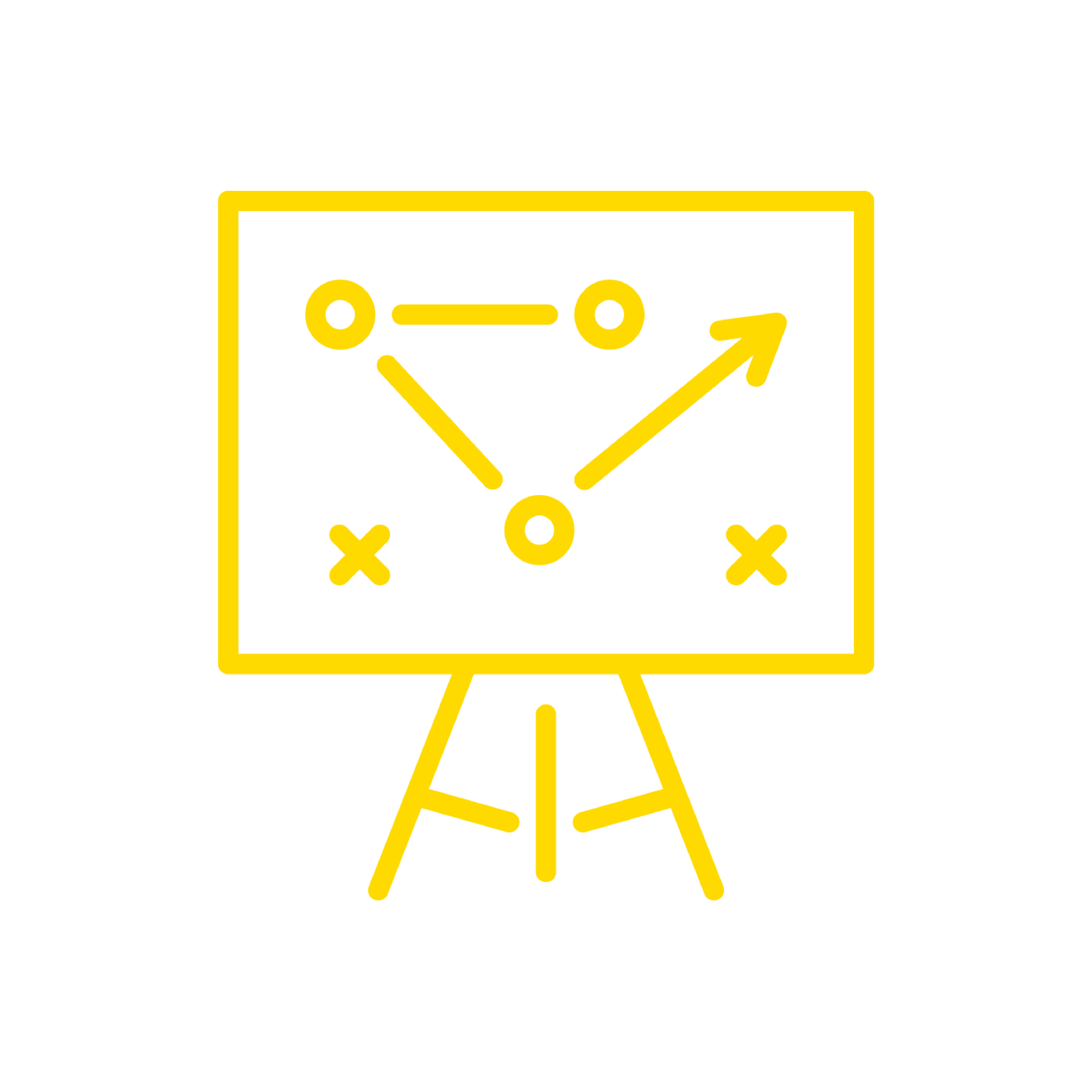 Yellow chalkboard strategy icon with arrows and circles on a black background.