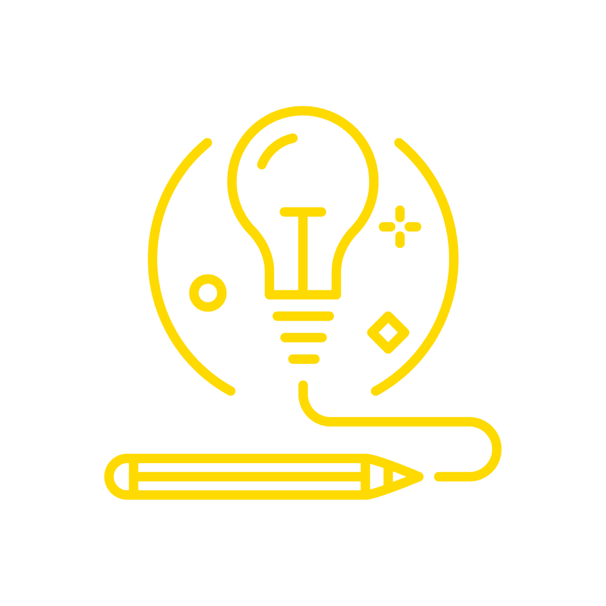 Yellow light bulb and pencil icon on black background, symbolizing creativity and ideas.
