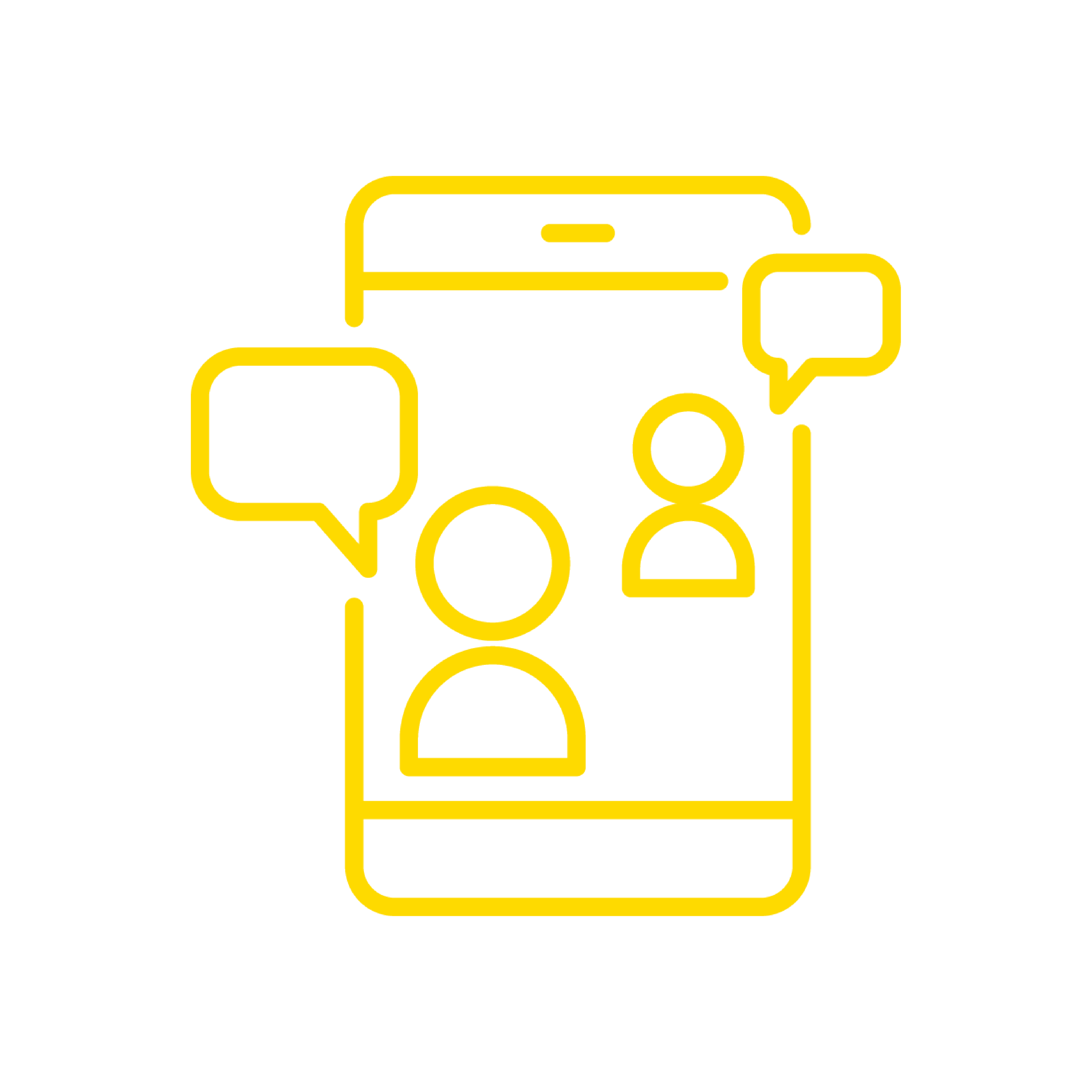 Yellow outline illustration of a smartphone with two user icons and speech bubbles, representing communication or messaging.