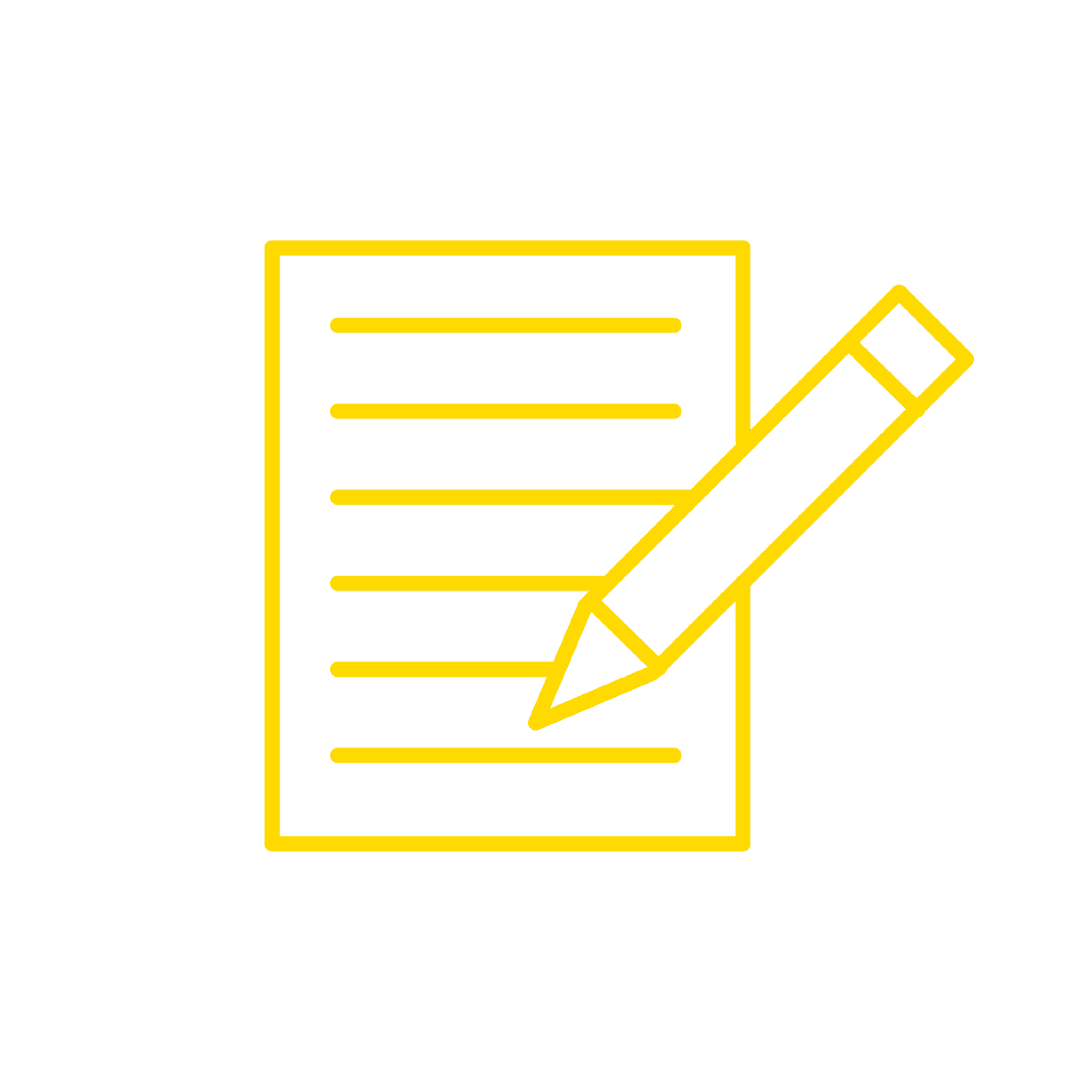 Yellow outline of a paper and pencil icon on black background, representing writing or editing.