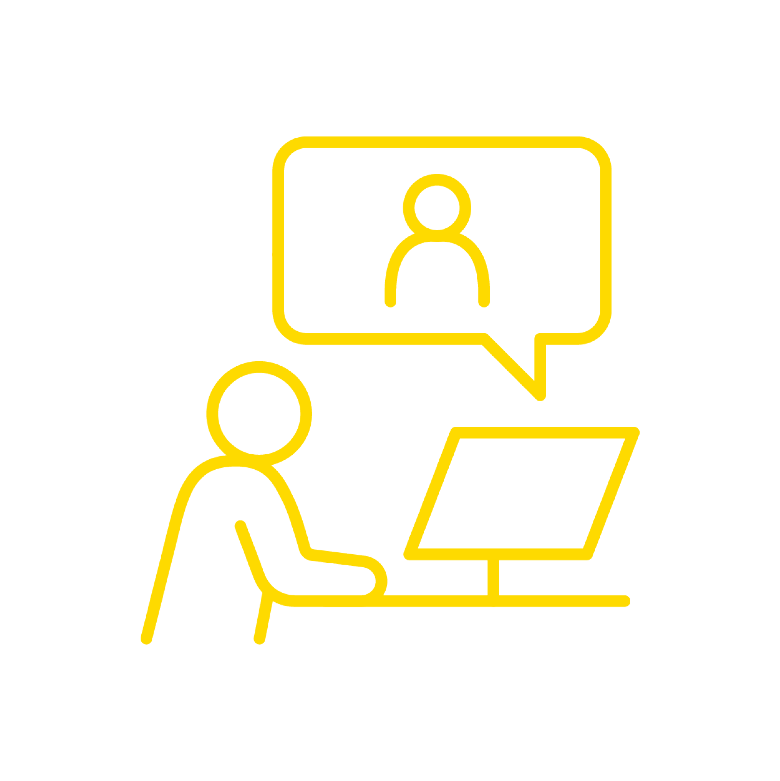 Yellow outline of a person sitting at a computer with a chat bubble showing another person, on a black background.