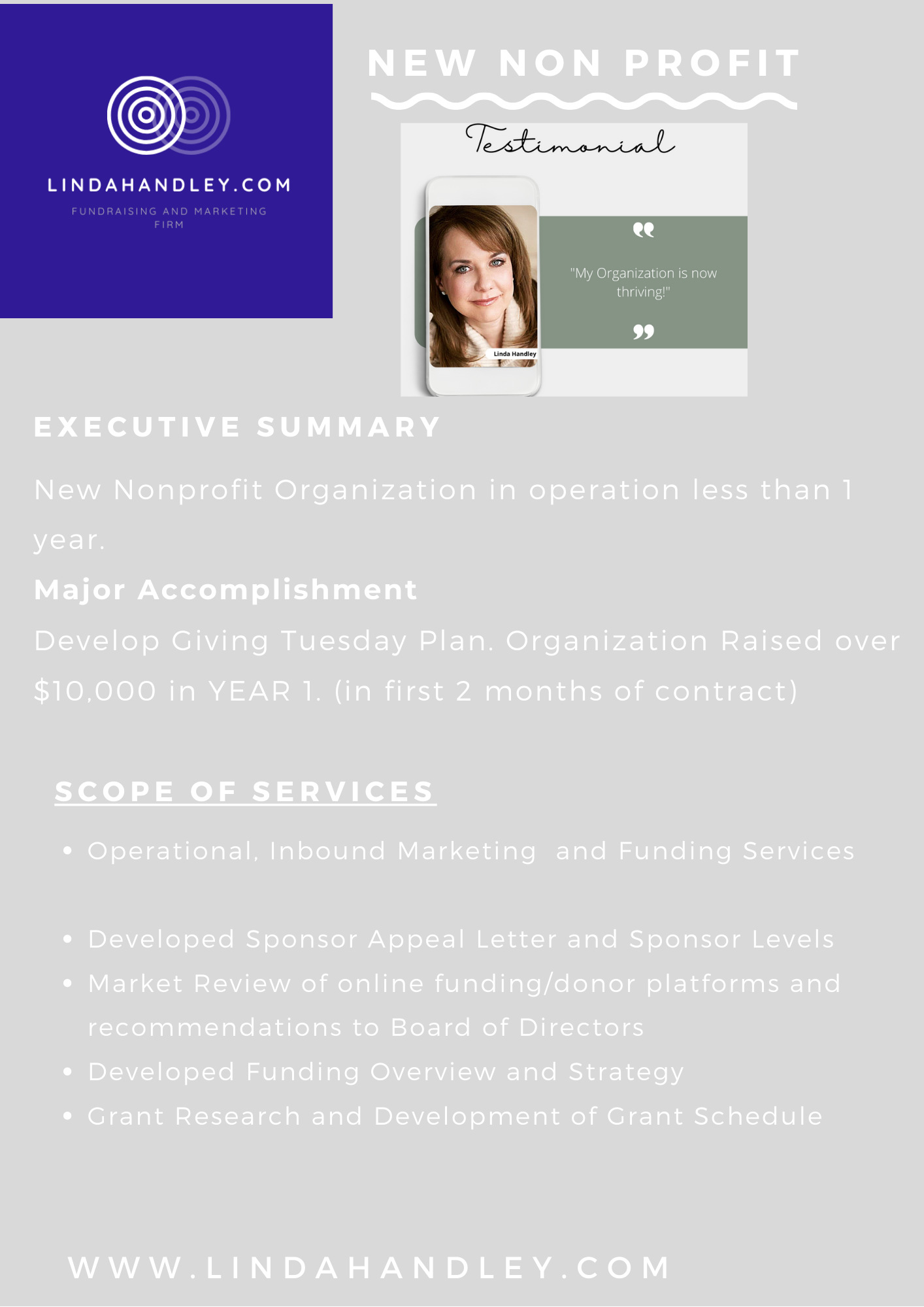 New nonprofit organization looking for funding and help with a Giving Tuesday appeal. Client also wanted help with online fundraising review and platform implementation.