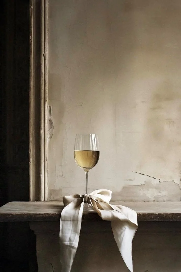 A glass of white wine placed on a wooden shelf with a white ribbon tied around its base, against a textured, slightly cracked wall.