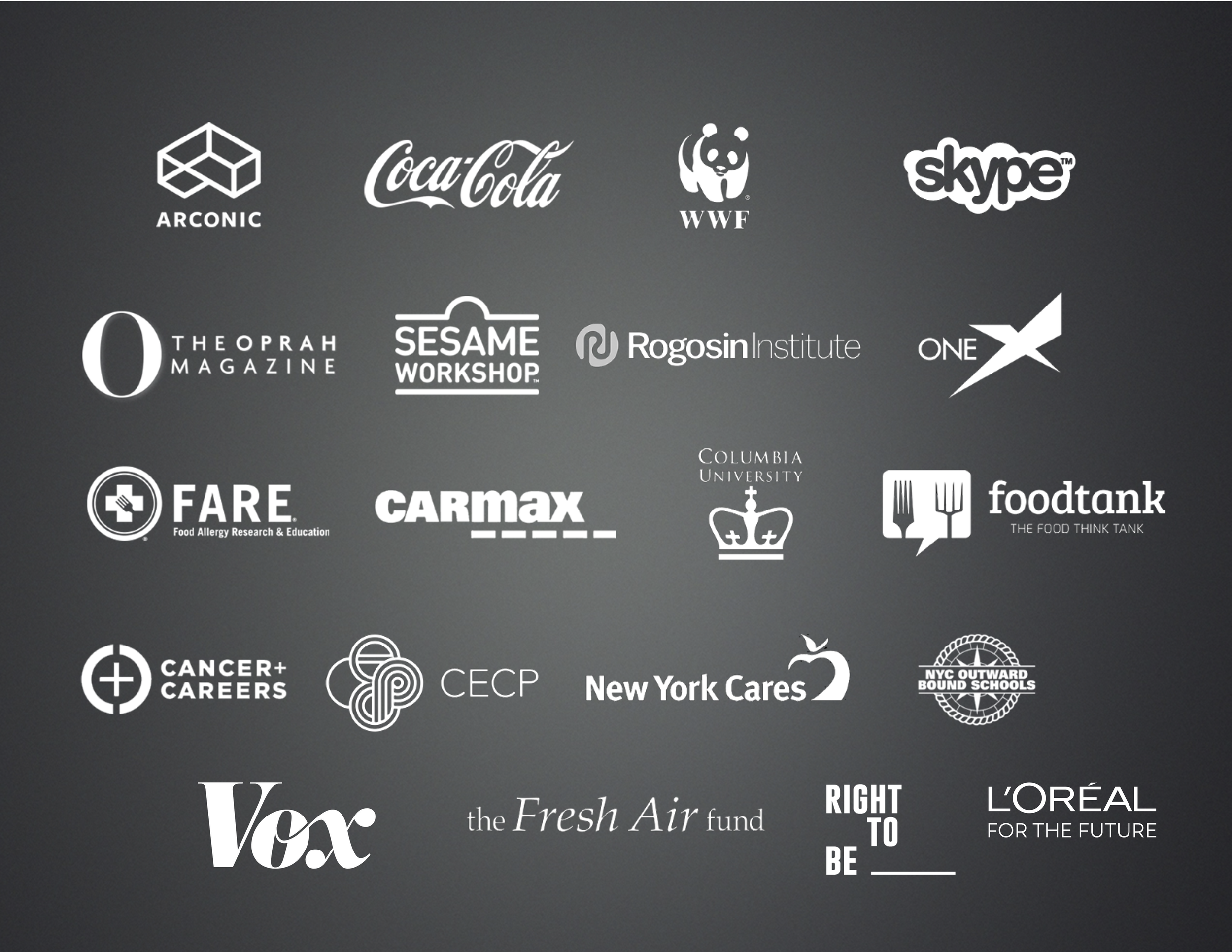 A collection of logos from various organizations and publications, including ARCONIC, Coca-Cola, WWF, Skype, The Oprah Magazine, Sesame Workshop, Rogosin Institute, ONE, Fare, Carmax, Columbia University, Cancer + Cares, CECP, New York Cares, and L'Oréal, arranged on a dark background.