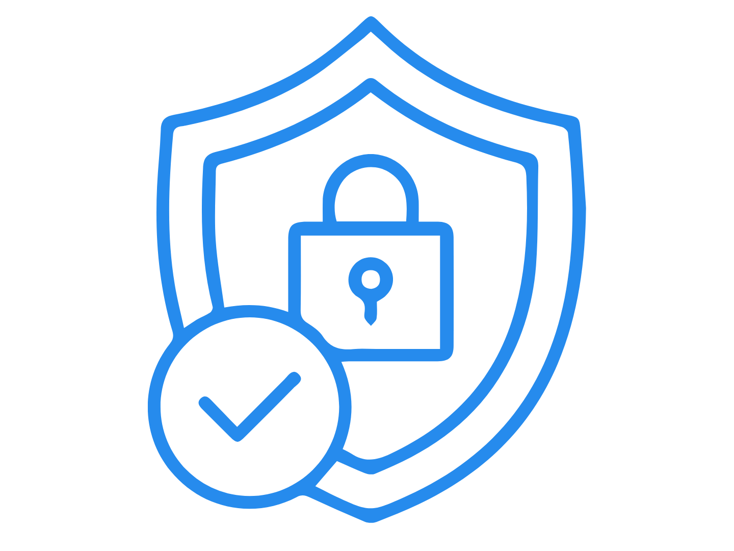 Blue shield icon with lock inside, featuring a checkmark on the left side of the shield