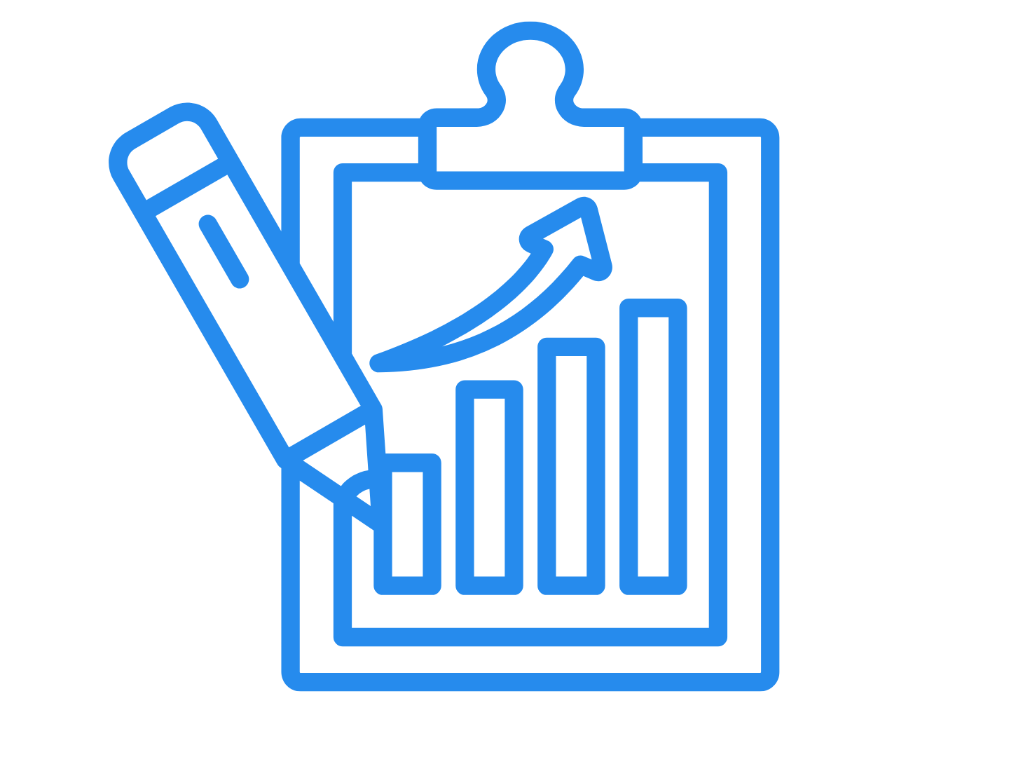 Blue clipboard icon with a chart showing an upward slope and a pencil on the left side