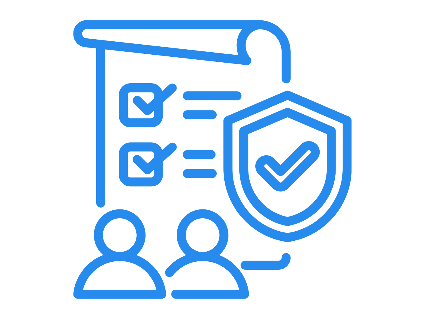 Blue paper icon featuring lines for text and check boxes with checkmarks. There is a shield to the right with a checkmark inside, and two people icons to on the bottom right.