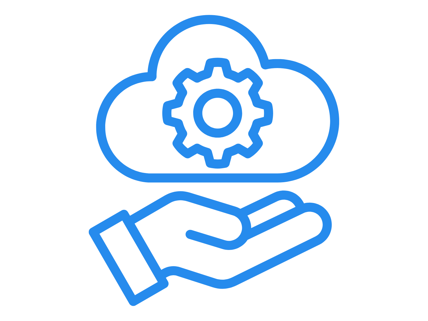 Blue hand icon holding a cloud with a gear icon inside of the cloud