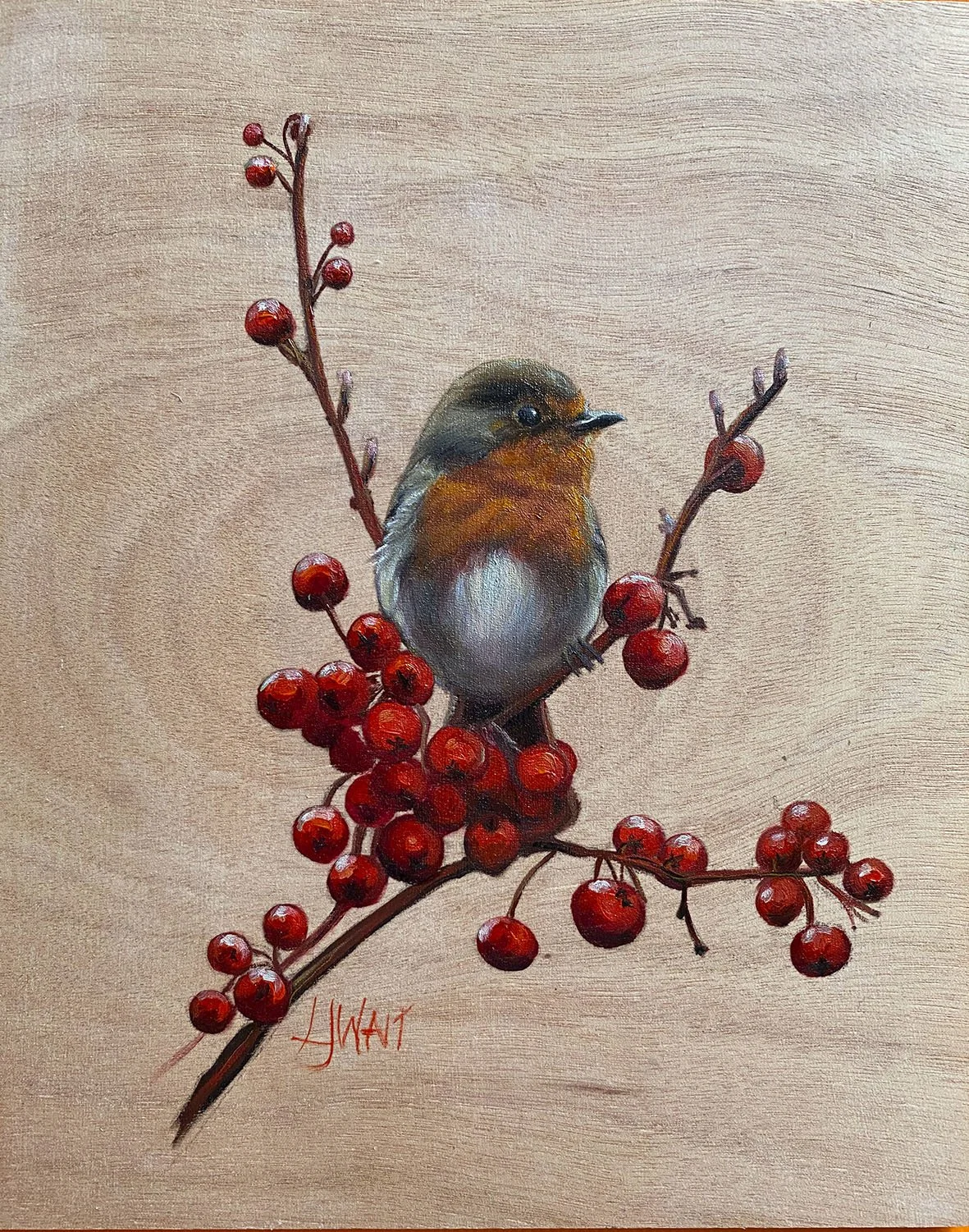 Robin on Blossom -  Oil on wood panel 20x25cm Framed   £225 