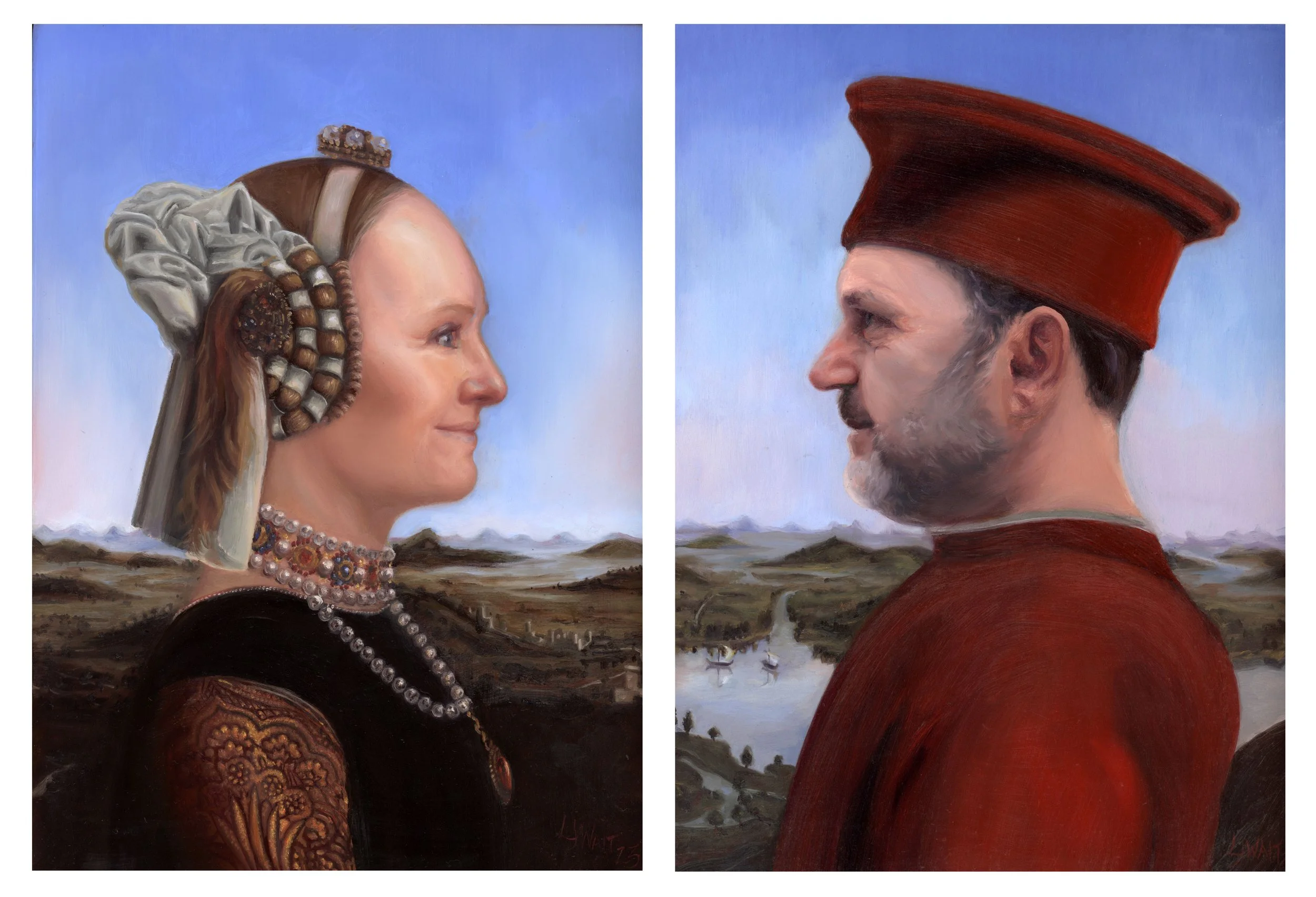 G&A as Duke and Duchess of Urbino oil on cradled panel 23x31cx4cm    commission