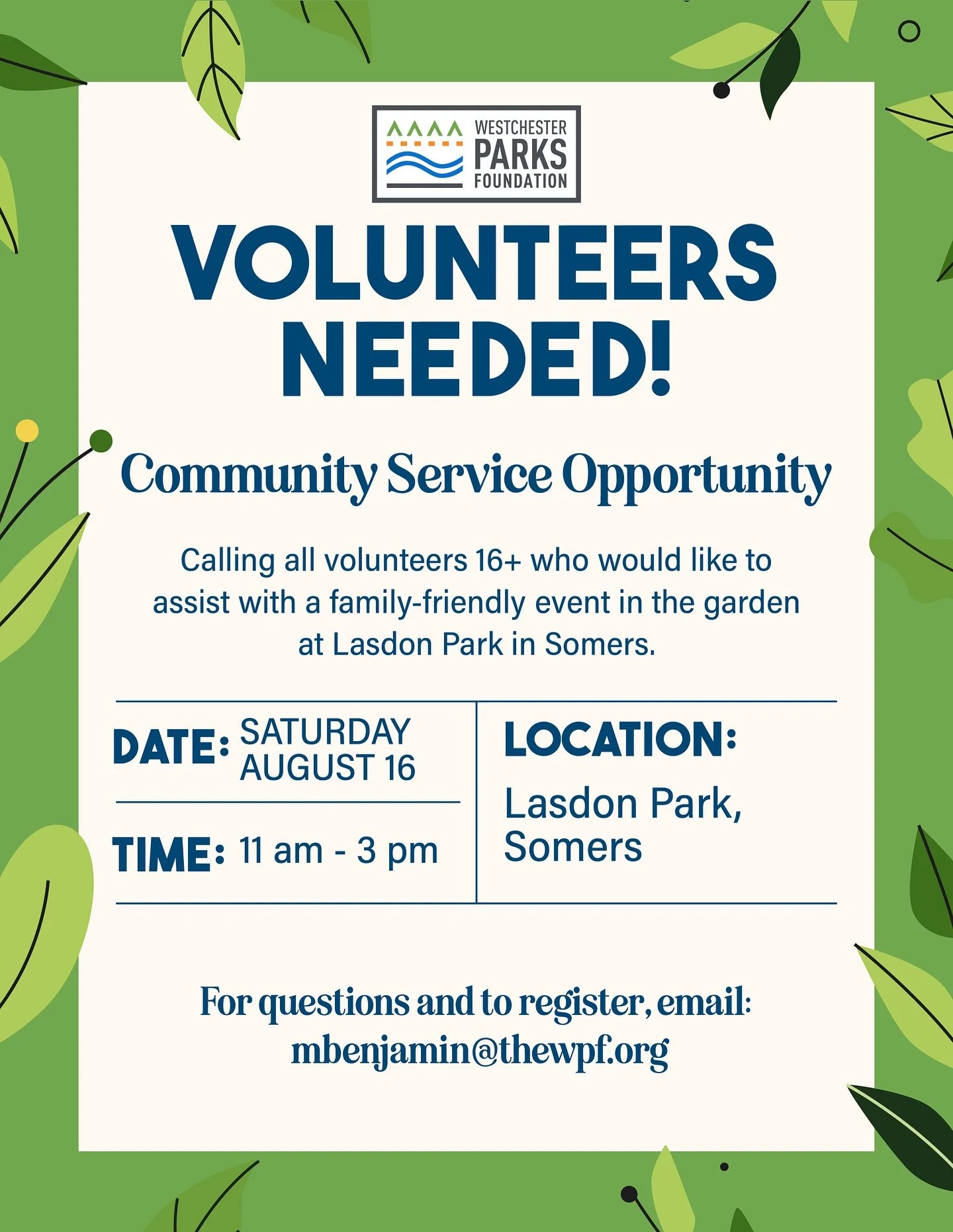 Join us for a community service opportunity at Lasdon Park in Somers! Volunteers aged 16+ are needed for a family-friendly event on Saturday, August 16, from 11 am to 3 pm. For questions and registration, email mbenjamin@thewpf.org. 
.
.
.
#Volunteer