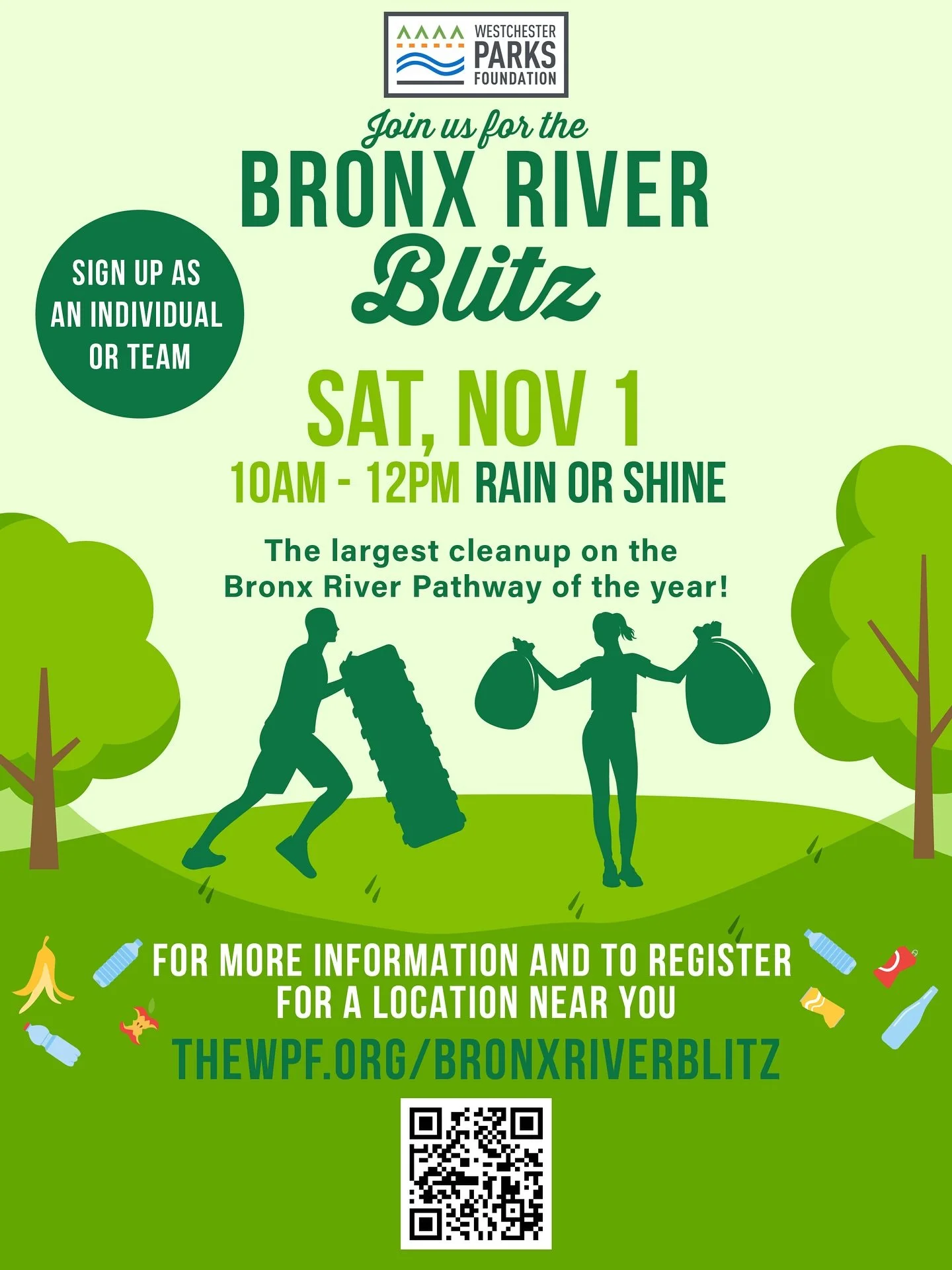 The largest cleanup on the Bronx River Pathway of the year!
✔️Sign up as an individual or team
🗓️ Saturday November 1, 10am-12pm
🔗 www.thewpf.org/bronxriverblitz
🤔 Register for one of our three check-in sites:
-Kensico Dam Plaza, Valhalla
-Westc