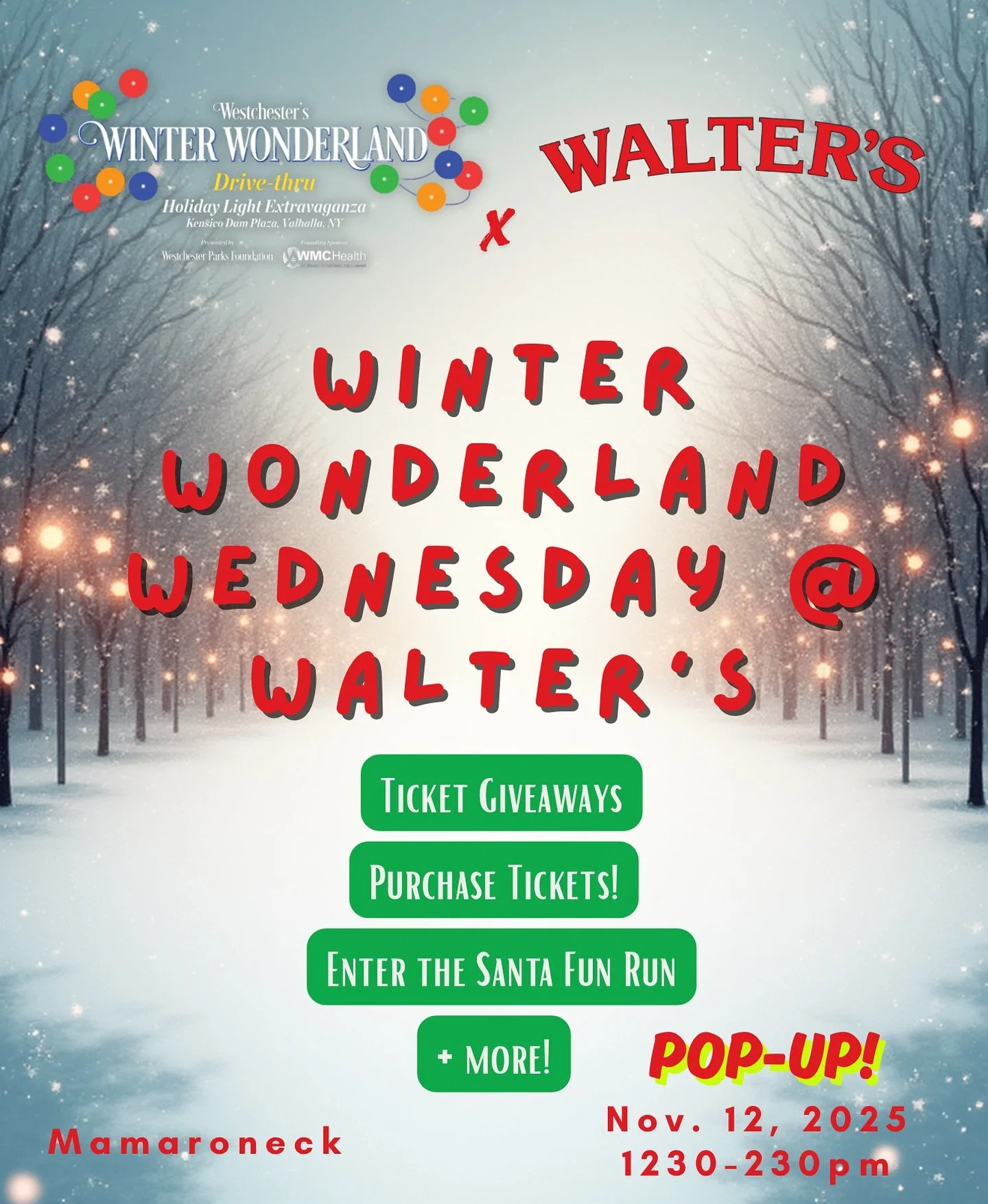 This just in!

@thewpf will be at @waltershotdogs in Mamaroneck on Wednesday, Nov. 12 at 1230pm giving away tickets to NovemberFest and @westchesterswinterwonderland.  You can also purchase tickets, enter the Santa Fun Run, and sign up your mascot fo