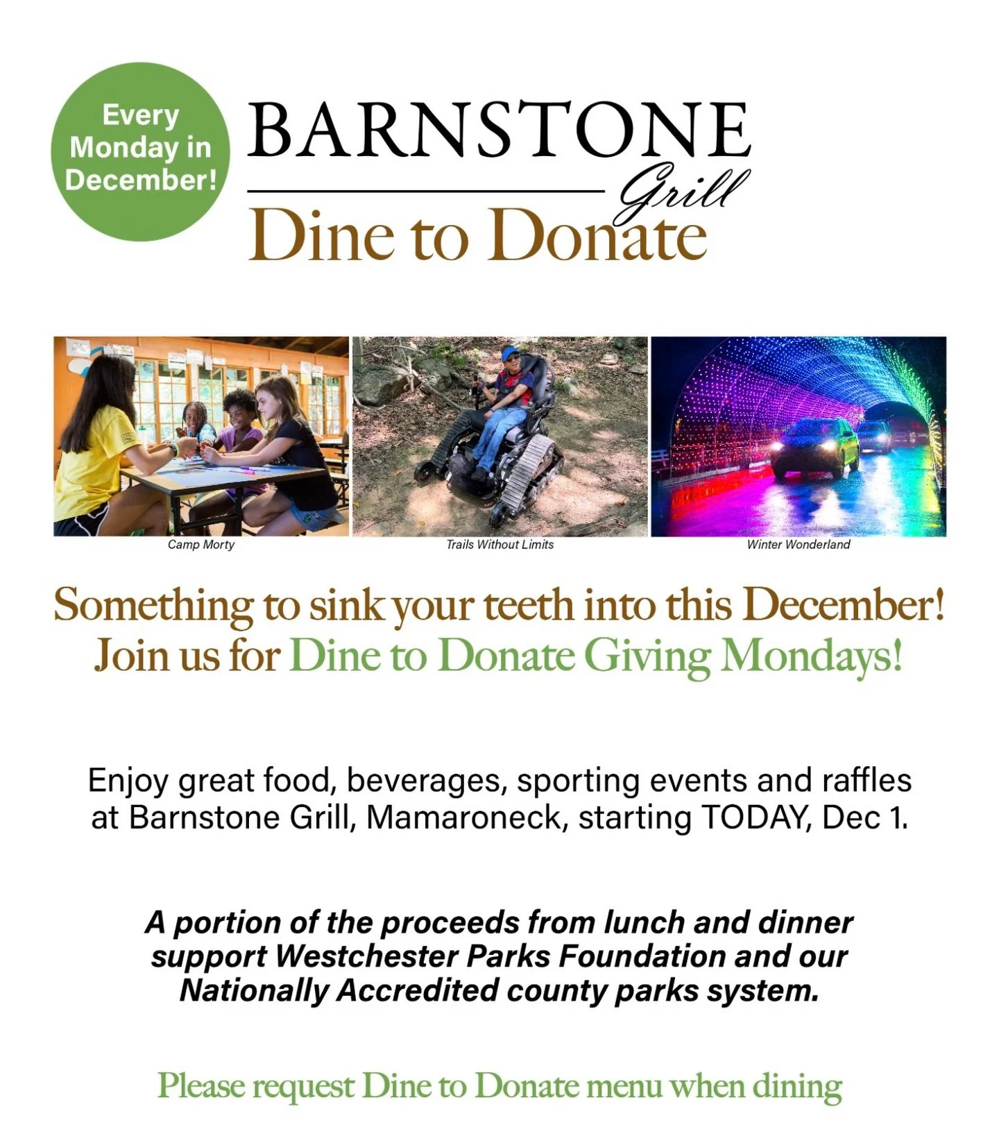 Today! Please join us at @barnstonegrillny in Mamaroneck for one last time &mdash; a portion of the proceeds from lunch and dinner will help support the WPF! 🏈 🍽️ 🙏 
.
.
.
#fundraising #westchesterparksfoundation #yum #thewpf