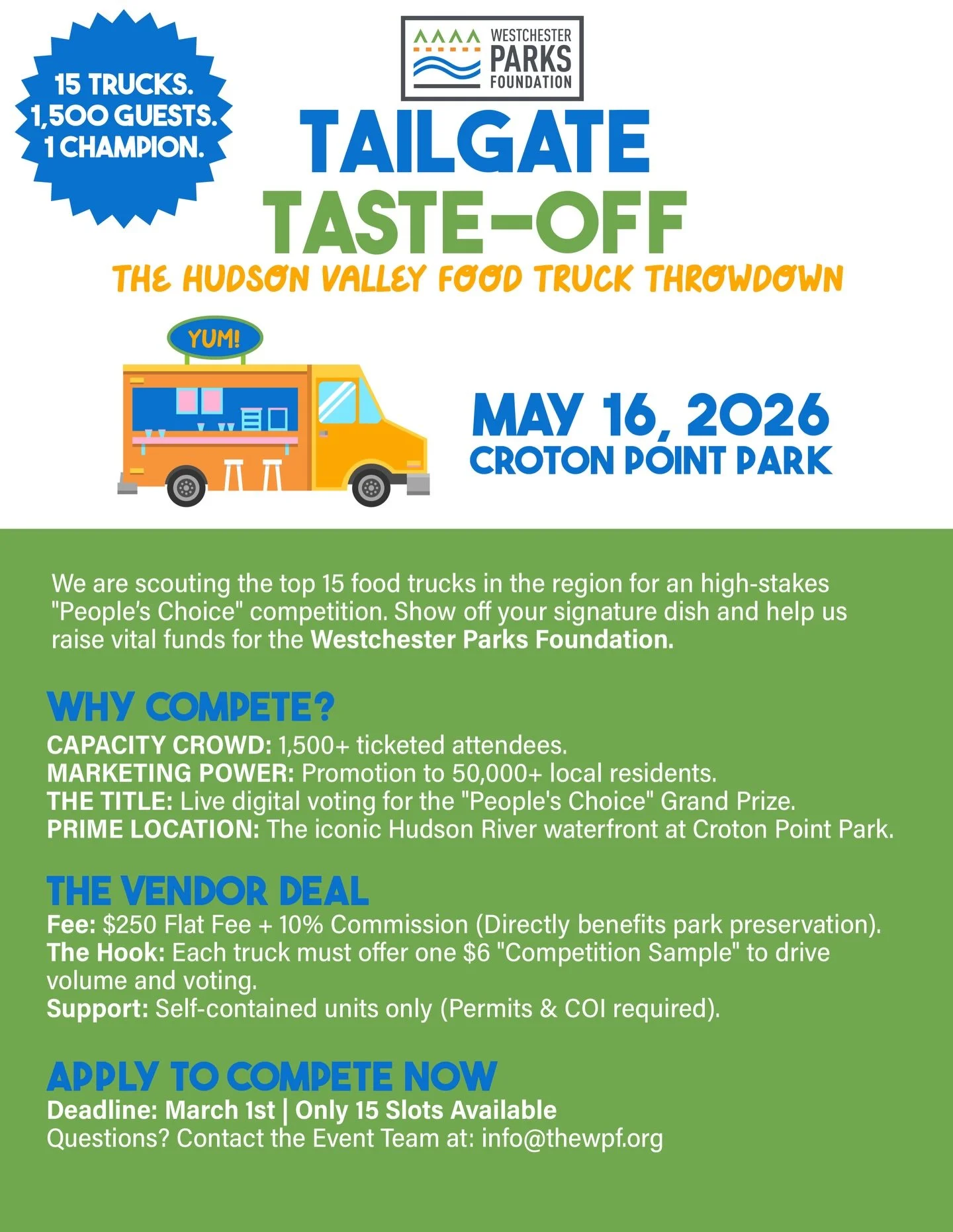 🚨 Calling All Food Trucks! 🚨 Join the WPF&rsquo;s First TAILGATE TASTE-OFF at Croton Point Park on May 16, 2026! Compete for the &ldquo;People&rsquo;s Choice&rdquo; and help raise funds for Westchester Parks Foundation. Deadline to apply: March 1st