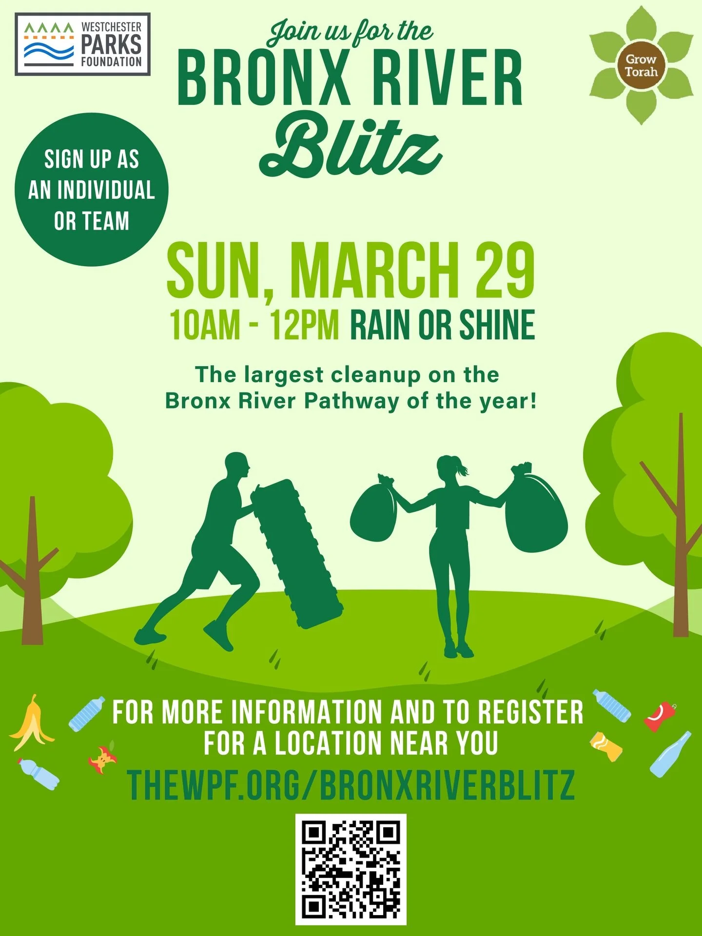 Join us for the Bronx River Blitz on March 29th from 10 AM to 12 PM! Be part of the largest cleanup of the year on the Bronx River Pathway. Sign up as an individual or team and help make a difference, rain or shine! 🌿 #BronxRiverBlitz #CommunityClea