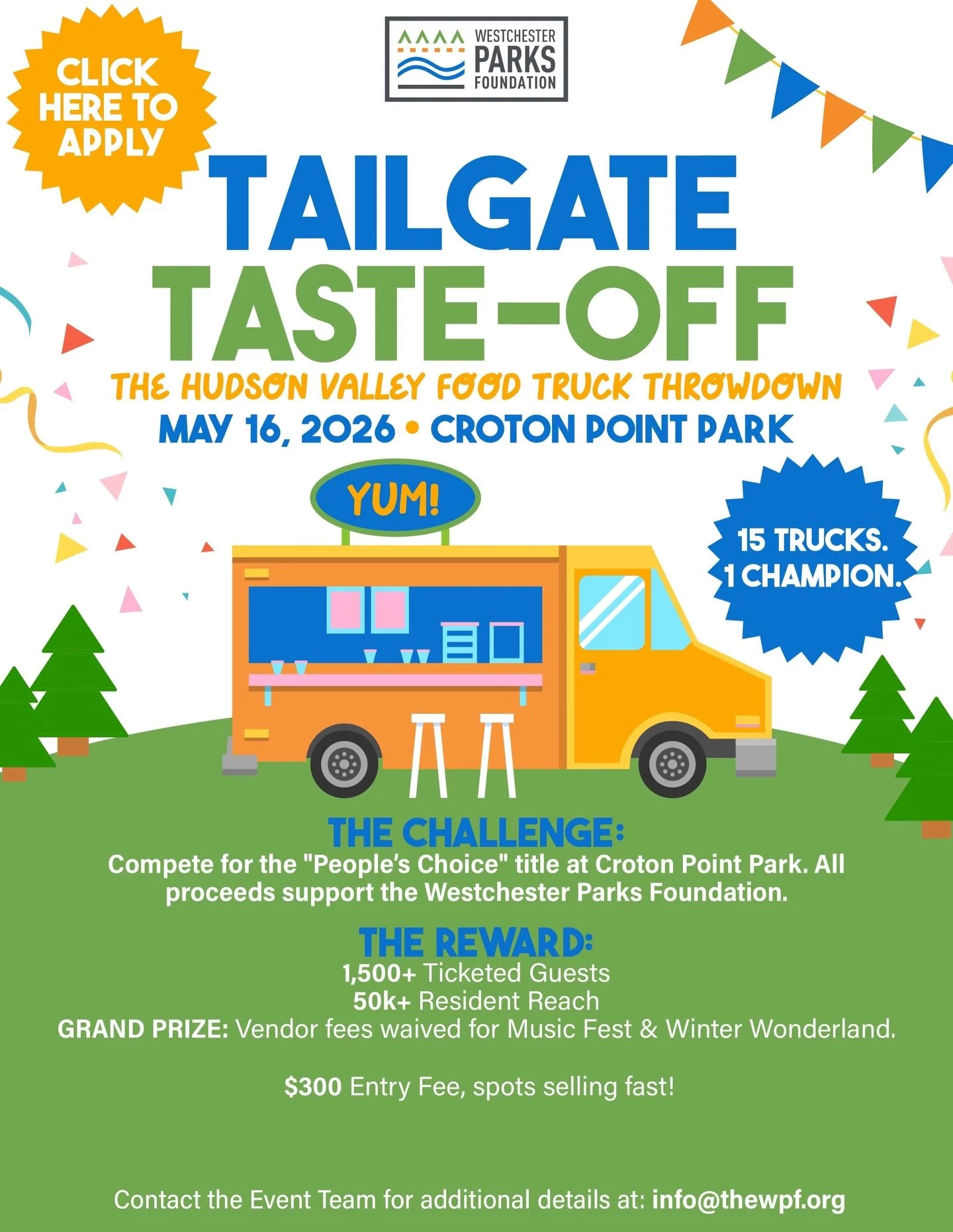 🚨 Calling All Food Trucks! 🚨 Join the WPF&rsquo;s First TAILGATE TASTE-OFF at Croton Point Park on May 16, 2026! Compete for the &ldquo;People&rsquo;s Choice&rdquo; and help raise funds for Westchester Parks Foundation. Deadline to apply: March 1st