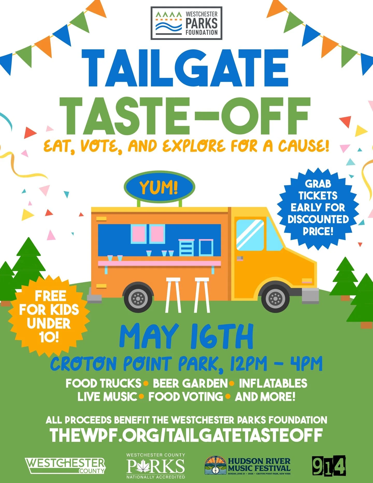Join us at the Tailgate Taste-Off on May 16th at @crotonpointpark from 12 PM to 4 PM! 🎉 Enjoy delicious food trucks, a beer garden, live music, and more. Free for kids under 10, and all proceeds support the Westchester Parks Foundation. Grab your ti