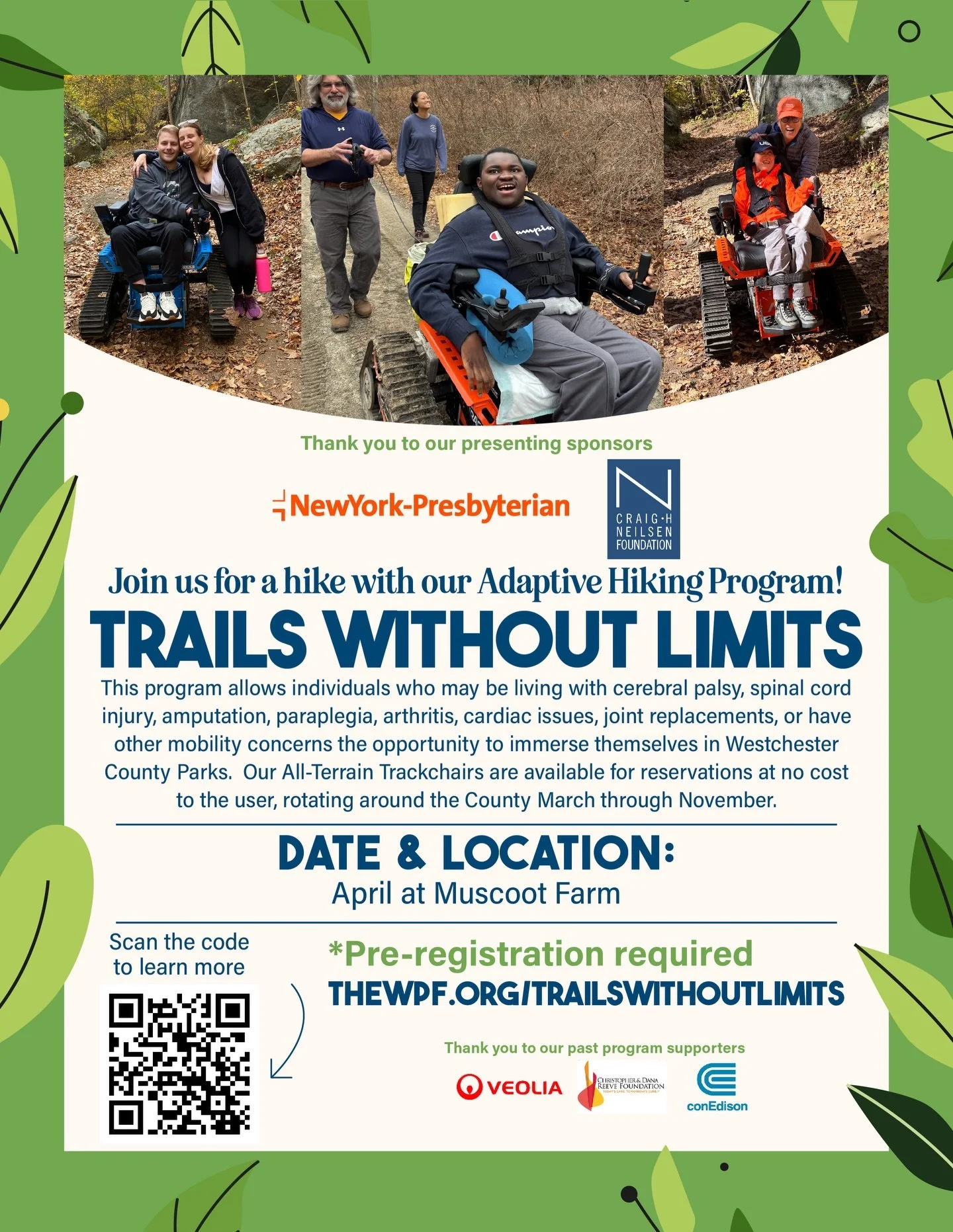 Explore nature without barriers this month! Join us for &ldquo;Trails Without Limits,&rdquo; an adaptive hiking program at @muscootfarm. Experience the outdoors with our all-terrain trackchairs. Pre-register at thewpf.org/trailswithoutlimits. 🌿