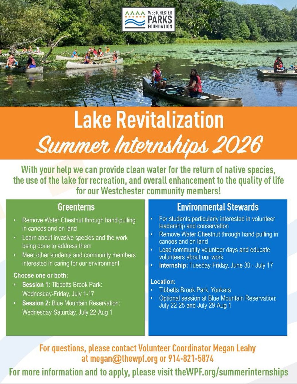 With your help we can provide clean water for the return of native species, �the use of the lake for recreation, and overall enhancement to the quality of life �for our Westchester community members!

For more, visit https://www.thewpf.org/summerinte