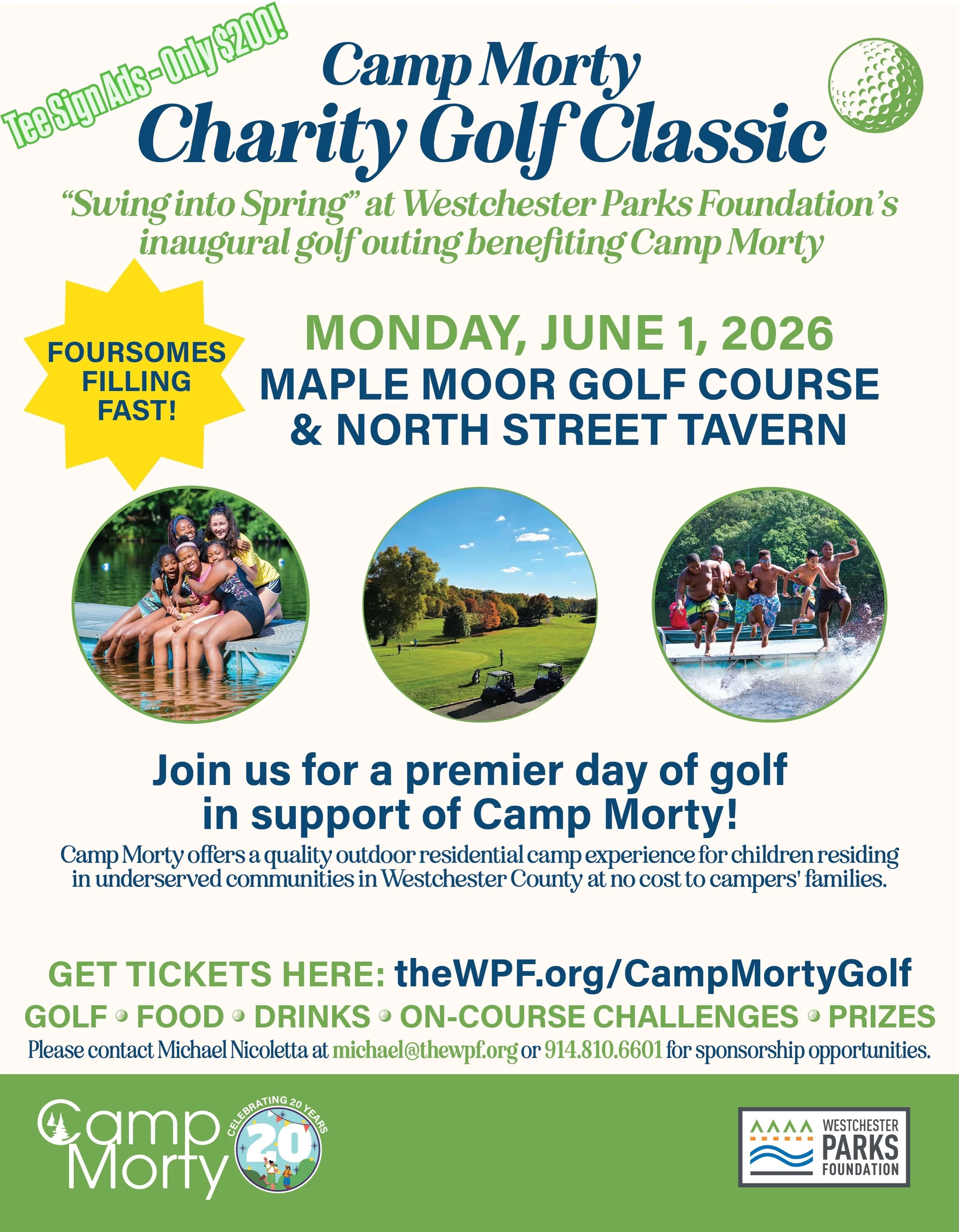 One Week Away! Join us Monday, June 1 as supporters of Camp Morty and Westchester Parks Foundation (WPF) will Swing into Spring at Maple Moor Golf Course, for the inaugural Camp Morty Charity Golf Classic.  A Day on the Green to Give Kids a Summer to