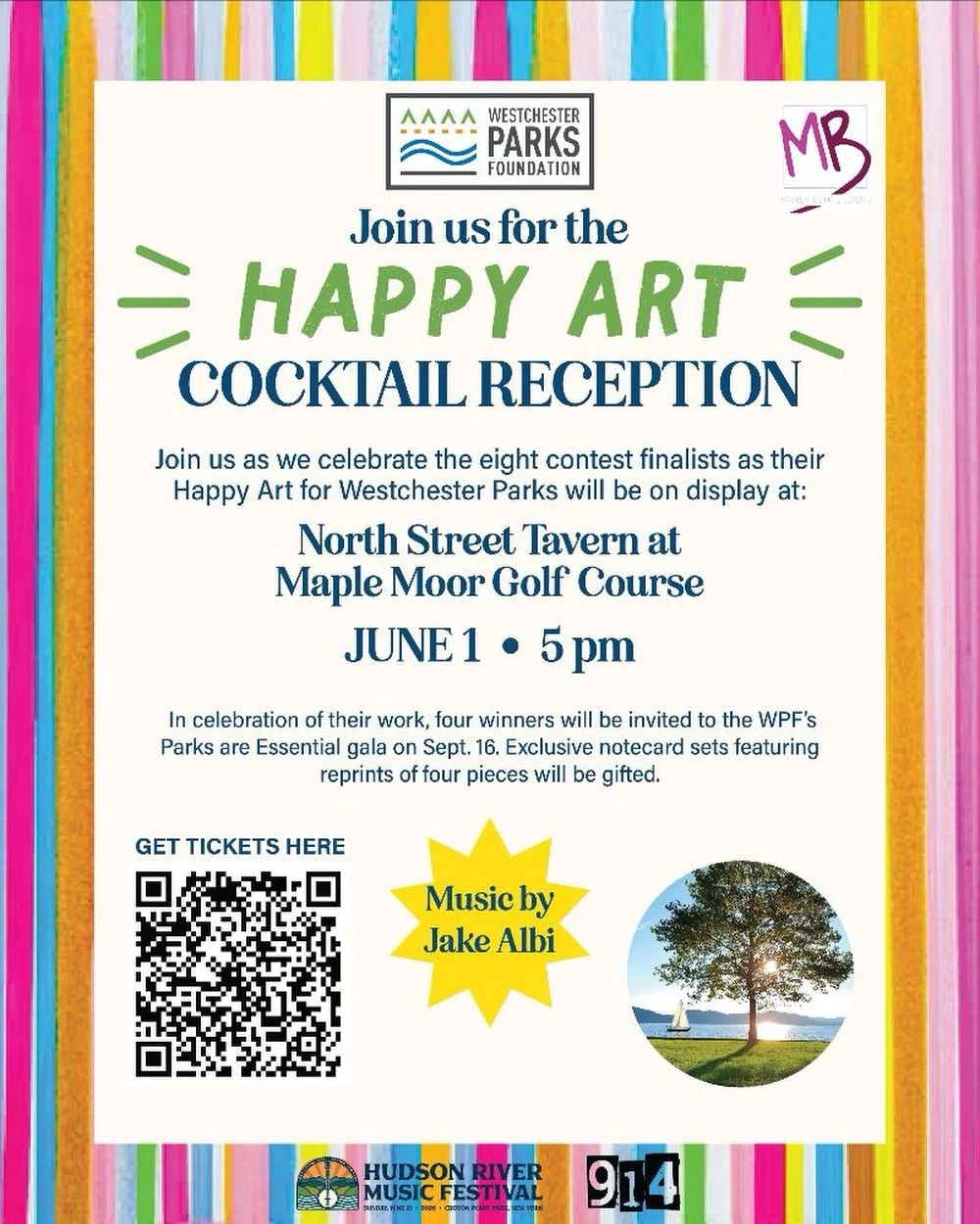 Join us as we celebrate the Happy Art for Westchester Parks contest finalists and bring at @northstreettavern at Maple Moor June 1.  Sponsored by @hudsonrivermusicfest + media sponsor @the914collective 

Get tickets here: https://square.link/u/7NL8VC