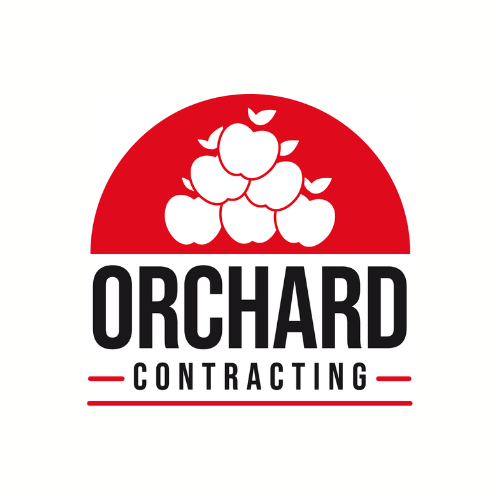 Logo for Orchard Contracting featuring a stylized apple tree with six apples inside a red circle and bold black text.