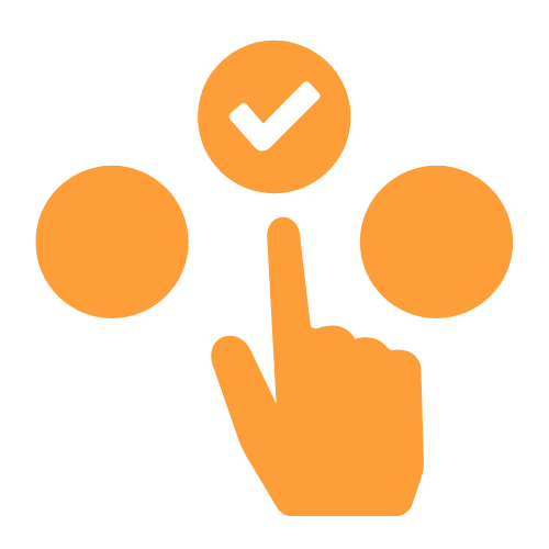 Orange icon of a hand pointing to a circle with a check mark, surrounded by two other circles.