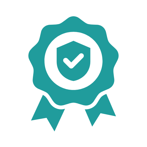 Teal award ribbon with shield and check mark symbol