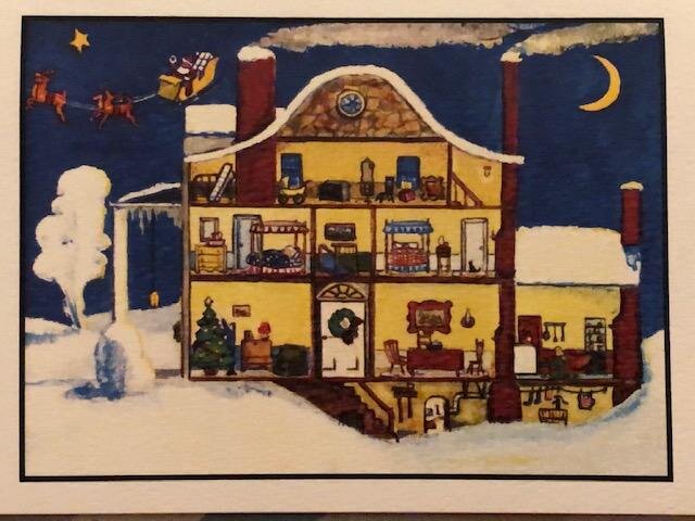  Seems that Santa has always had a fascination with Hearthside. Here is a Christmas card created by the last owner Andrew Mowbray during the 1960s. It shows a "dollhouse" scene of Hearthside (much like we have today in the hall) with Santa flying ove