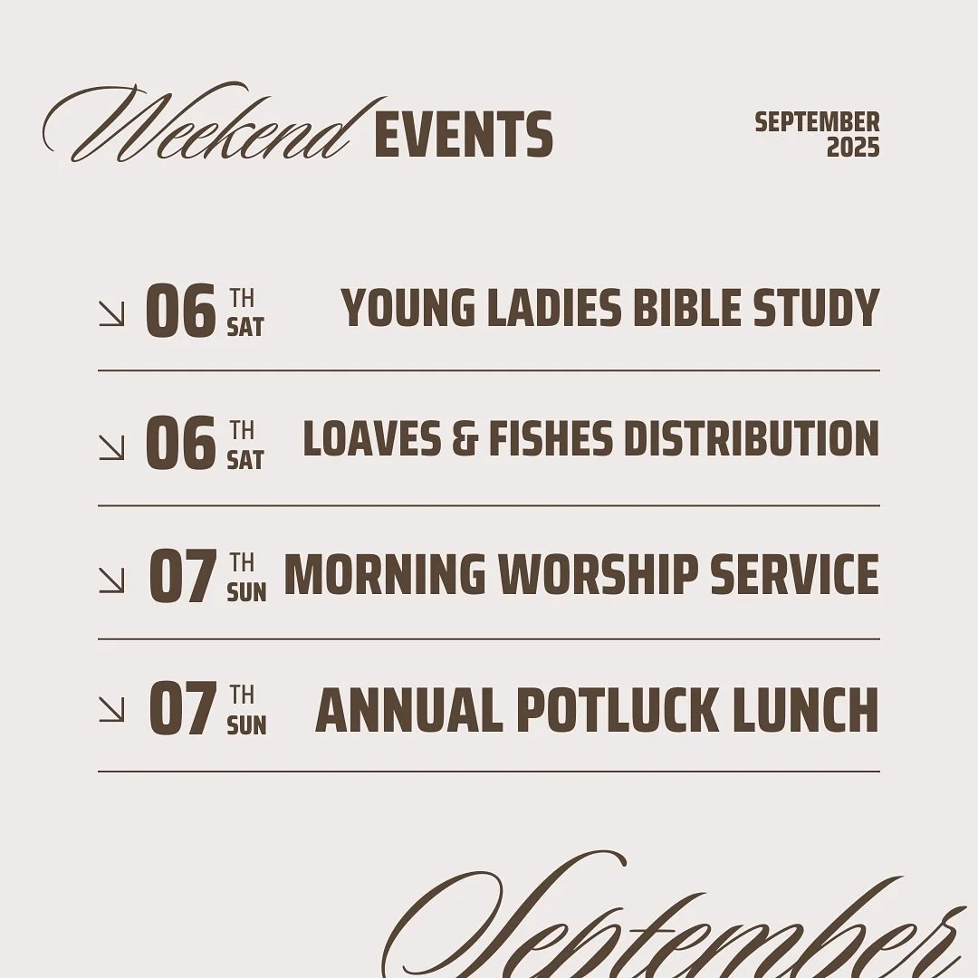 Hey Ontario fam! Looks like we&rsquo;ve got an eventful weekend 😊 
Saturday, 9/6
&bull;First we&rsquo;ve got our young ladies bible study from 9-11 AM, where we will consider the topic of &ldquo;Self-Control: A Gentle and Wise Spirit.&rdquo; 
&bull;