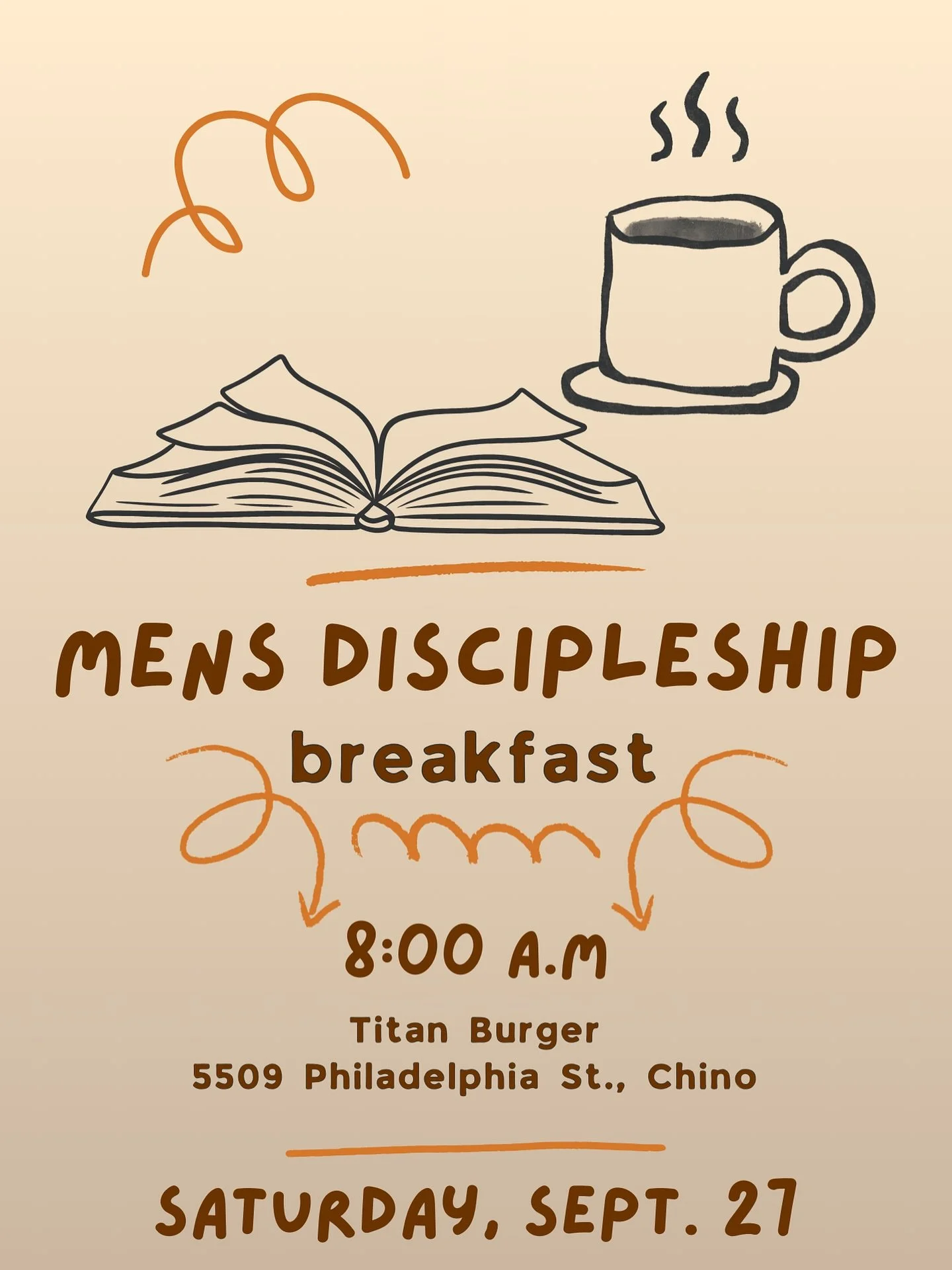 Brothers! Come join us this Saturday for breakfast, prayer, and fellowship at Titan Burgers🙌🏼😊